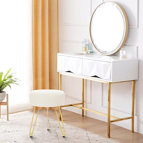 Miniatura 2 de YOONIC Reposapiés de terciopelo suave y moderno, reposapiés redondo, otomano, con patas de metal dorado y relleno de esponja, reposapiés tapizado,