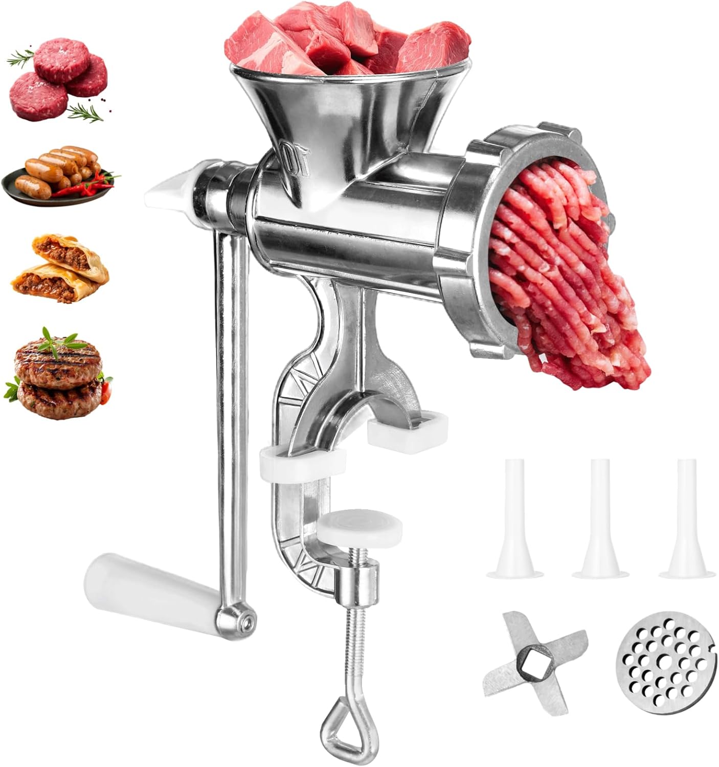 Hand Operated Metal Meat Mincer with 3 Sausage Funnels, Meat Grinder for Pork, Chili, Sausage, for Home Use, Silver
