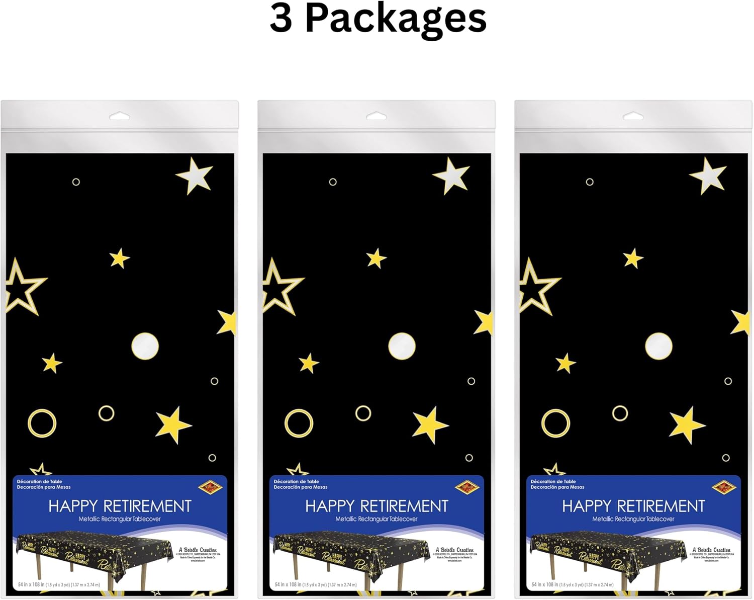 Beistle Happy Retirement Metallic Tablecovers – 3 Pack, Black & Gold Disposable Banquet Covers, Party Décor for Celebration Events, Plastic Tablecloths, Dining Table Setting Supplies, 54" x 108"