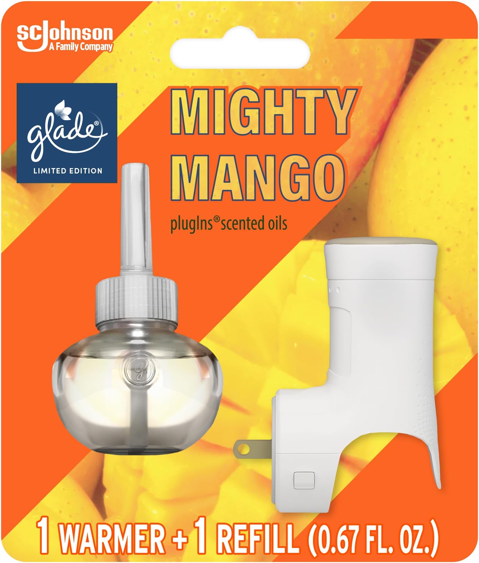 PlugIns Scented Oil Air Freshener, Starter Kit, Mighty Mango Limited Edition, 1 Warmer + 1 0.67 oz Refill