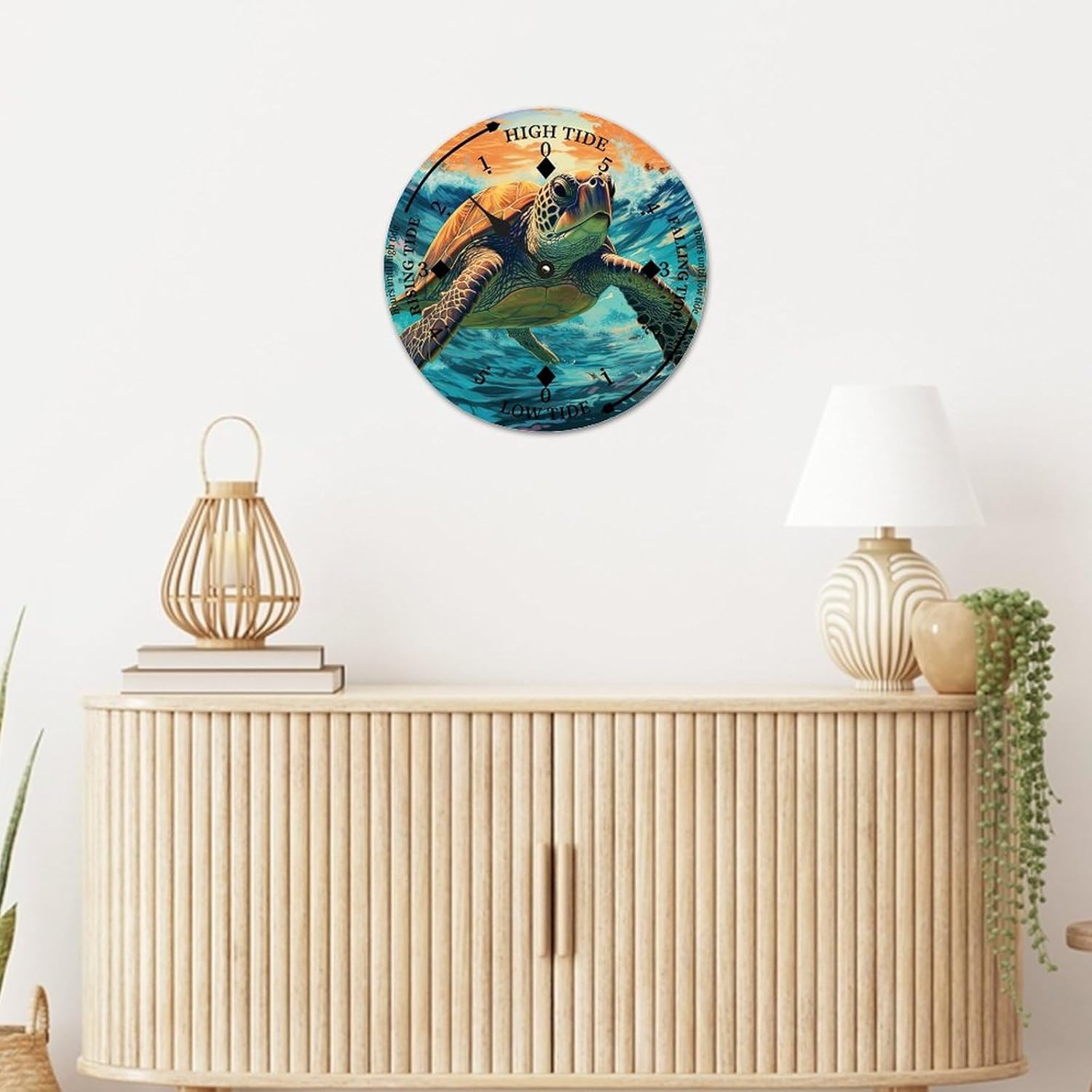 Cheyan Sea Turtle Tide Clock Silent Non-Ticking Battery Operated Wooden Moon Nautical Tide Movement Clock for Sailing Living Room Restaurant Home Decor Wood Wall Art 15x15 in