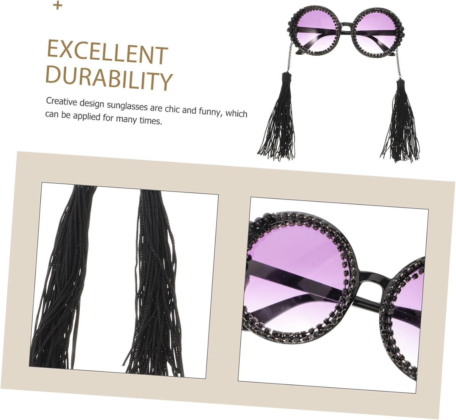 Beavorty Vintage Round Tassel Sunglasses for Party Cosplay Photo Shoot Lightweight Chic Eyewear with Pearl Rhinestone Decoration for Women Men