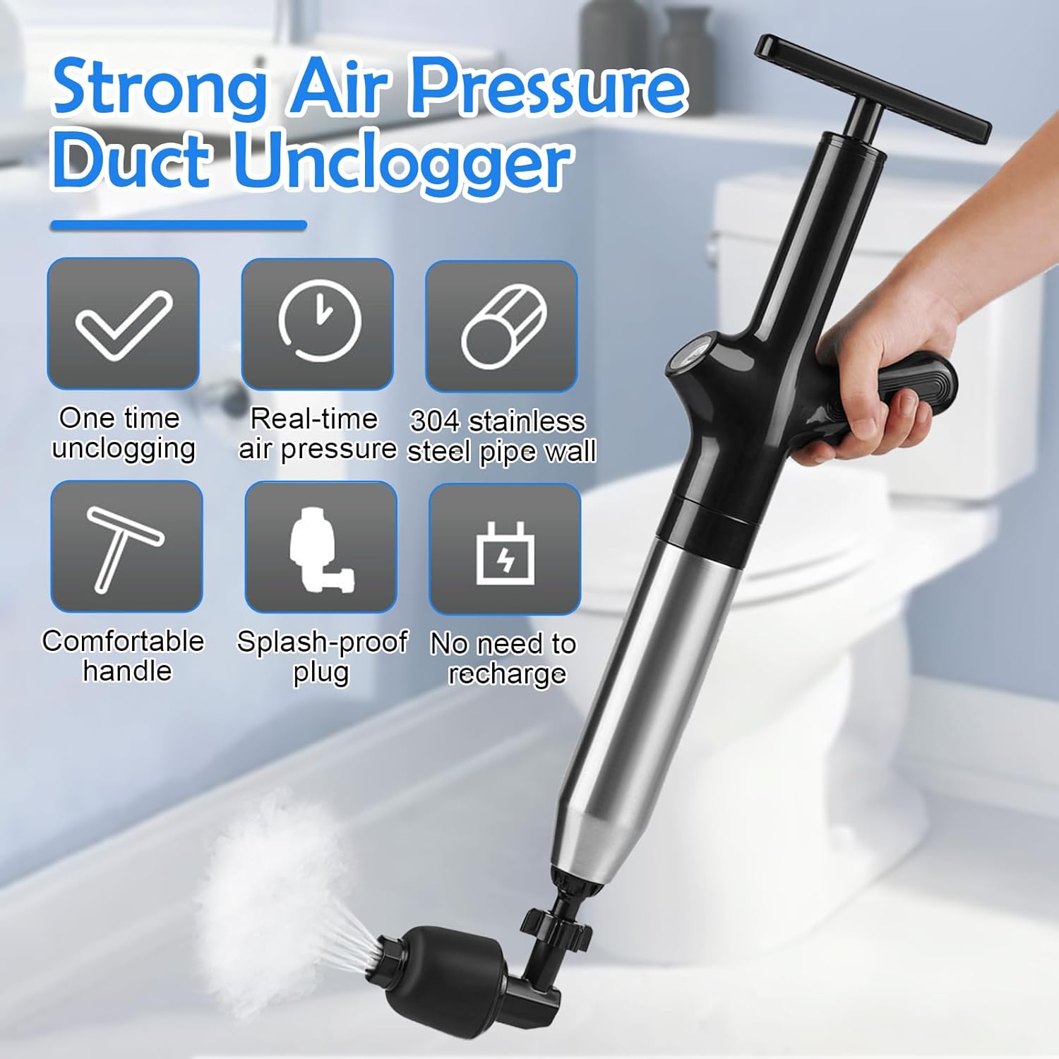 Toilet Plunger, Plunger Clog Remover, High Pressure Air Drain Blaster with Real-Time Barometer, Drain Clog Remover for Toilet, Bathroom, Sink, Floor, Kitchen Clogged, Black