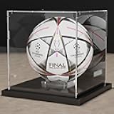 Soccer Ball Display Case Clear Acrylic Display Case Box with Mirror Back and Black Metal Grooved Base Stackable Holder with Removable Built-in Soccer Ball Stand for Sports Collectibles