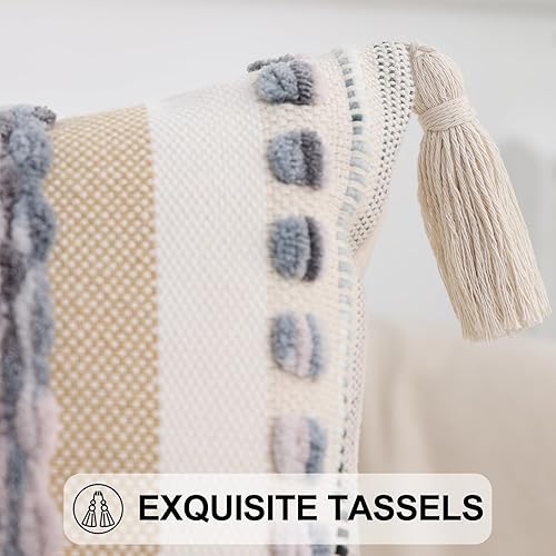 Miniatura 6 de Simmore Juego de 2 fundas de almohada decorativas estilo bohemio de 18 x 18 pulgadas, fundas de almohada estilo rústico copetudas con borlas para