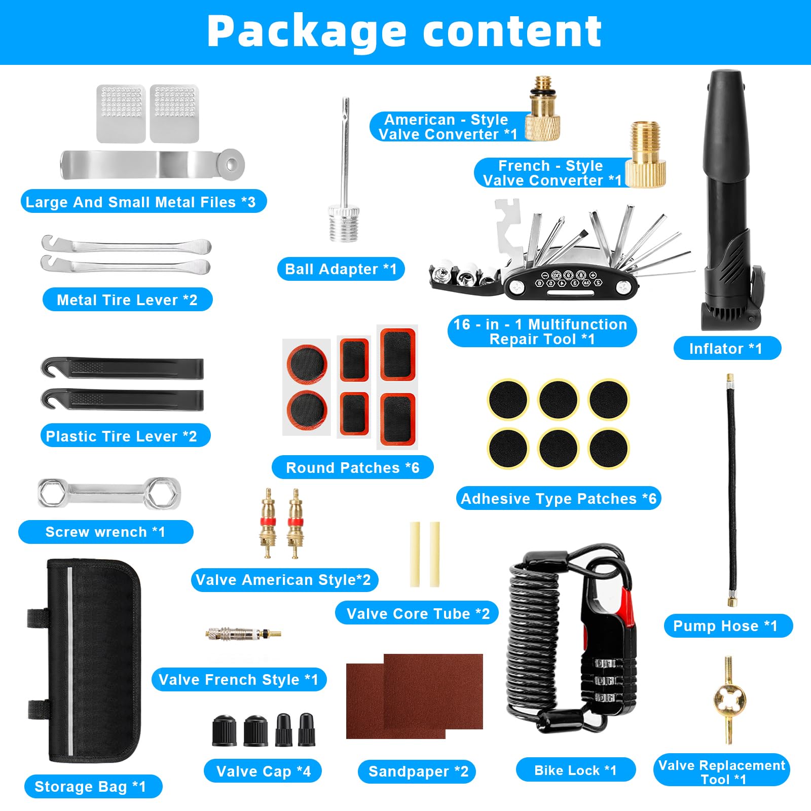 40 PCS Kit Riparazione Bici, 16 in 1 Kit di Attrezzi per la Riparazione di Biciclette e Pompa con Pneumatici di Biciclette, Toppe Portatili, Kit Riparazione Gomme per Biciclette da Strada