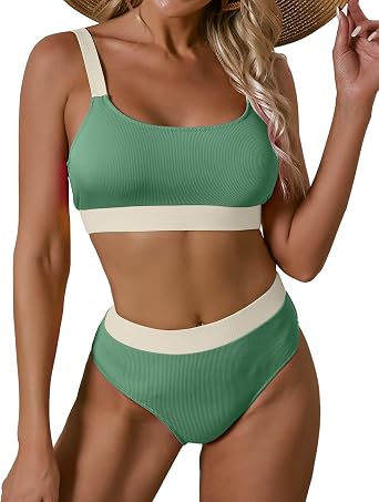Women Sporty High Waisted Swimsuits Ribbed Cheeky Bikini Set