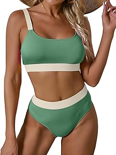 Women Sports High Waisted Swimsuits Two Piece Scoop Neck Crop Top Bikini Cheeky High Cut Ribbed Color Block Bathing Suit