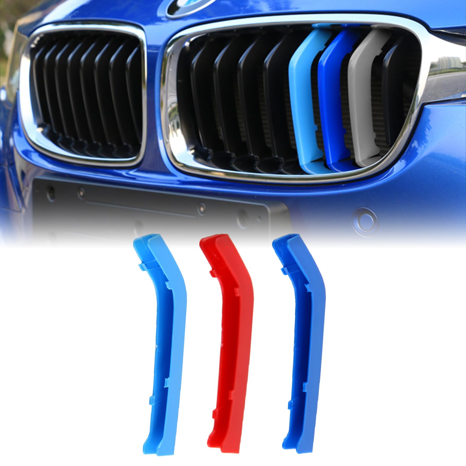 Xotic Tech M-Colored Tri Grille Insert Trims Strips, Front Center Kidney Grilles Compatible with BMW 3 Series F30 F31 320i 328i 330i 335i 340i Black Grills (8 Beam Bars)
