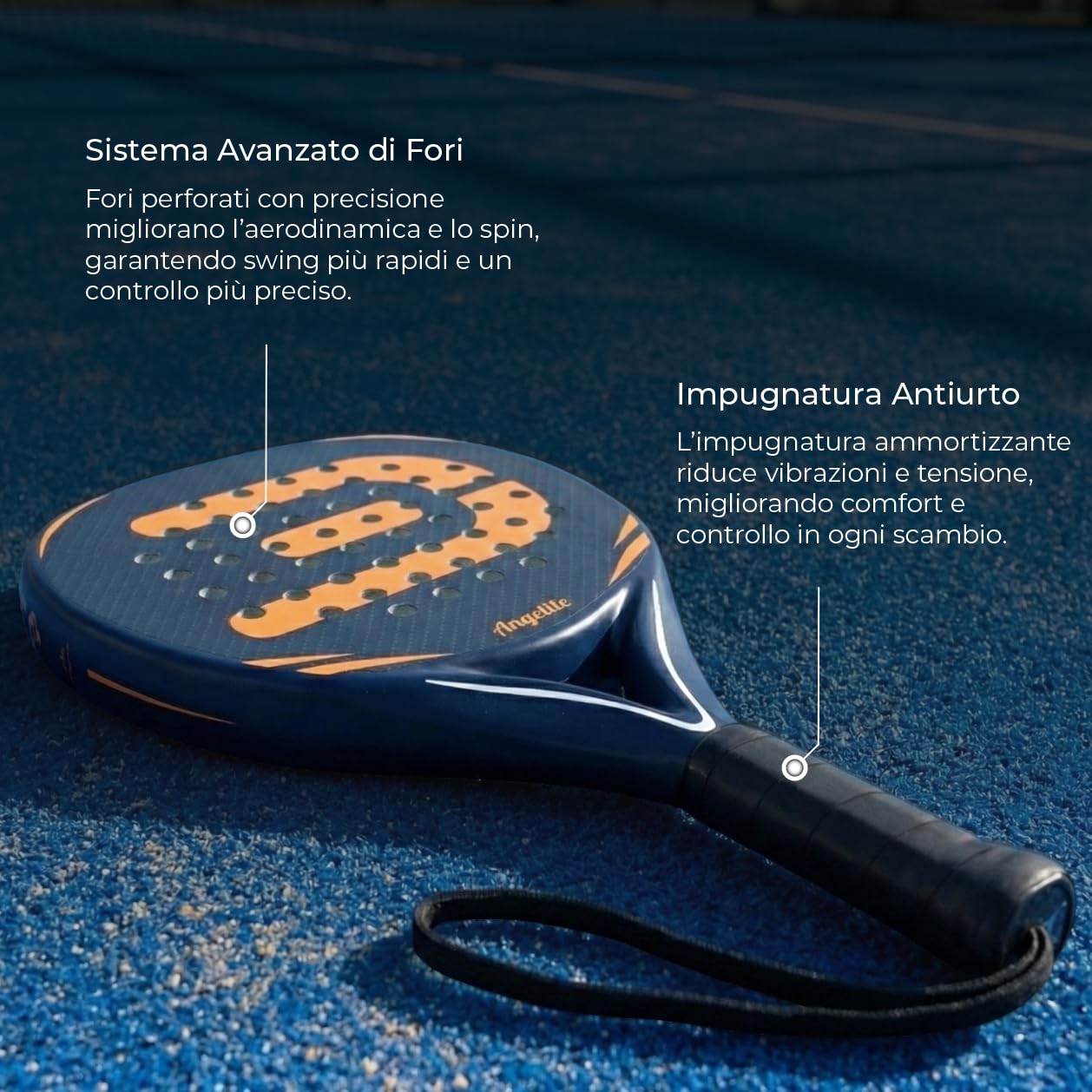 Racchetta da padel Angelite AG1 con 2 anni di garanzia | Telaio leggero e robusto in fibra di carbonio da 360 g, superficie in fibra di vetro e schiuma EVA FlexCore per il massimo controllo