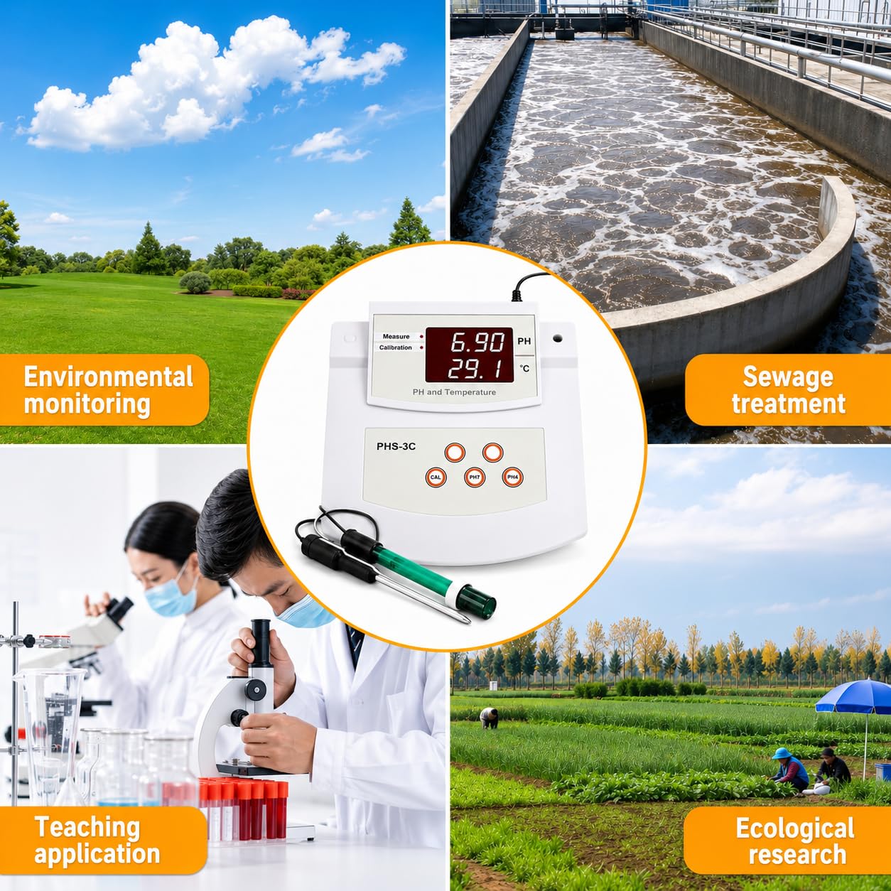 Medidor de pH para laboratorio con pantalla LED y soporte, incluye 2 electrodos de pH/temperatura y calibración automática de 2 puntos para pruebas de acuario y acuicultura