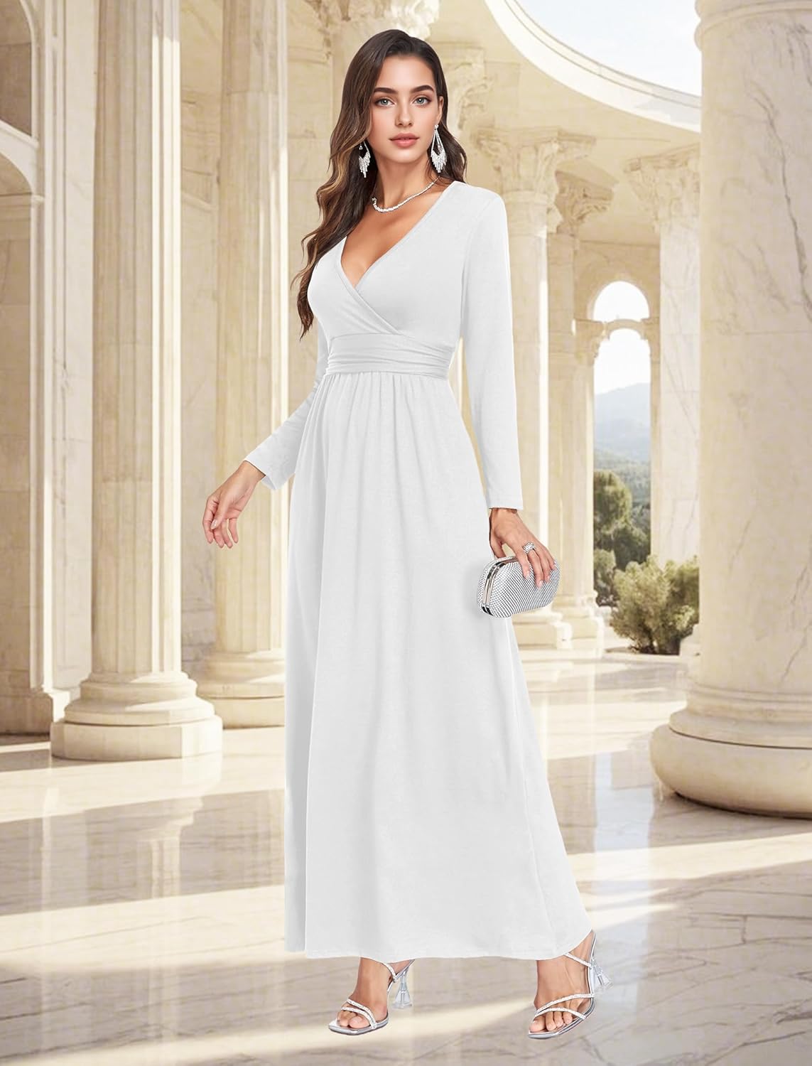 Lacavocor Women's Long Sleeve Deep V Neck Maxi Dress Casual Wrap Waist Long Dress with Pockets - Image 4