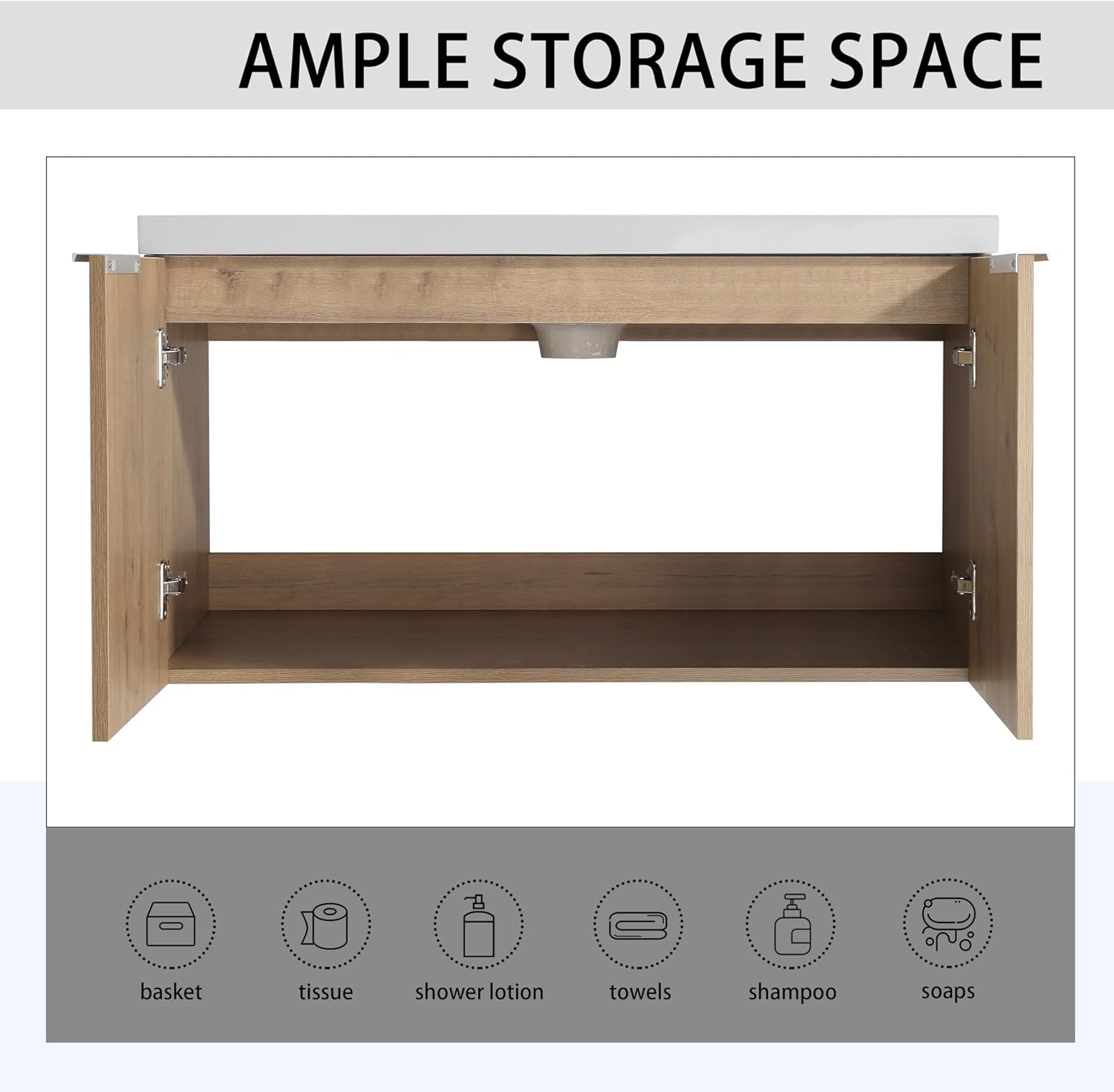 84" Double Sink Bathroom Vanity Modern Wall-Mounted Bathroom Vanity with Sink 84-Inch Floating Bathroom Vanities Set with 2 White Open Storage Shelf & 1 Side Cabinet, Natural Oak