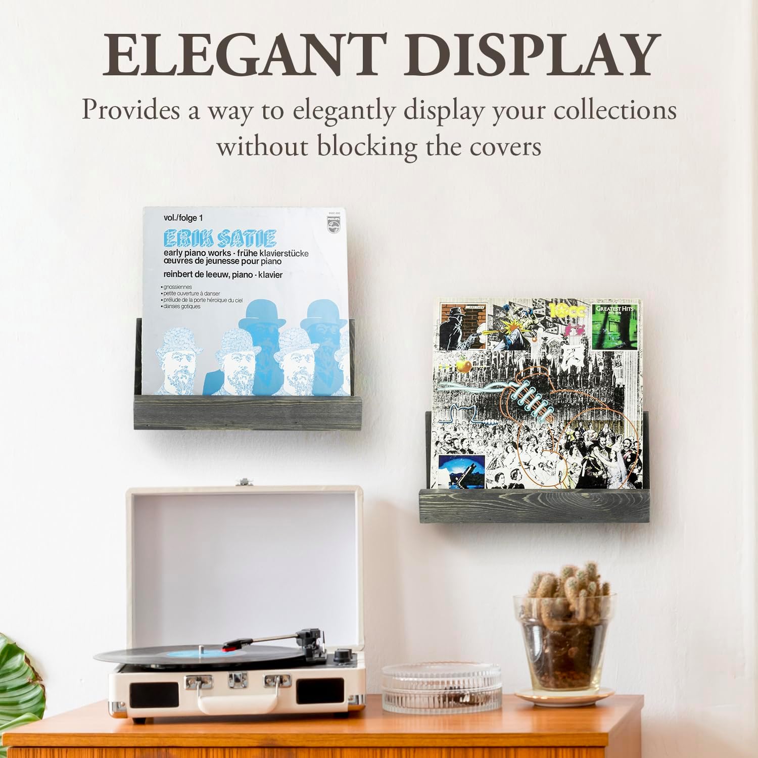 MyGift Wall Mounted Vintage Weathered Gray Solid Wood Vinyl Record Album Storage Racks, LP Records Cover Art Holder Decorative Display Shelves, Set of 2