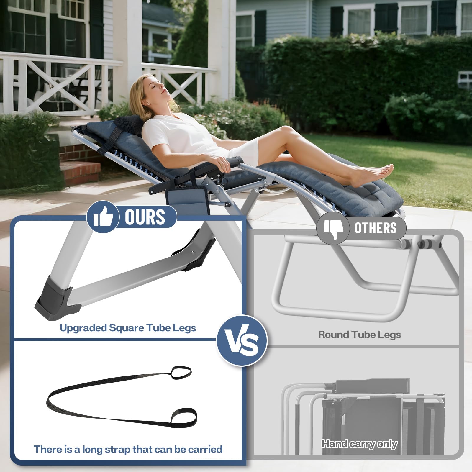 Soontrans 2pcs Sonnenliege Klappbar, Gartenliege Wetterfest mit Ergonomisches Polster, Liegestuhl Garten mit Nackenkissen Getränkehalter Seitentasche, Strandliege Verstellbare Rückenlehne (grau)