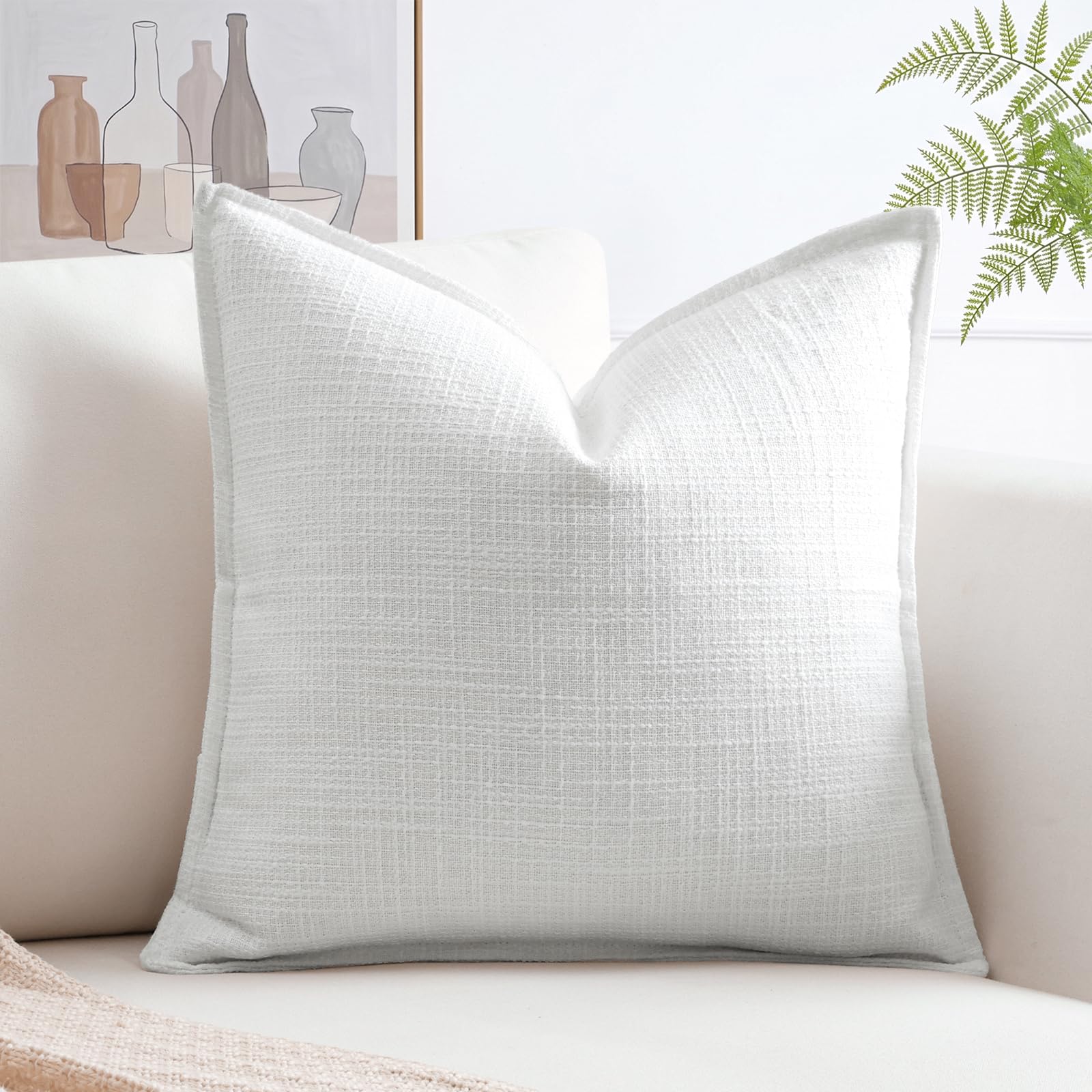 Artscope Pack of 1 White Decorative Cushion Cover 16x16 Inch Linen Texture Couch Throw Pillows Farmhouse Pillow Covers with Elegant Design for Sofa Bedroom Living Room Home Decor 40 x 40 CM