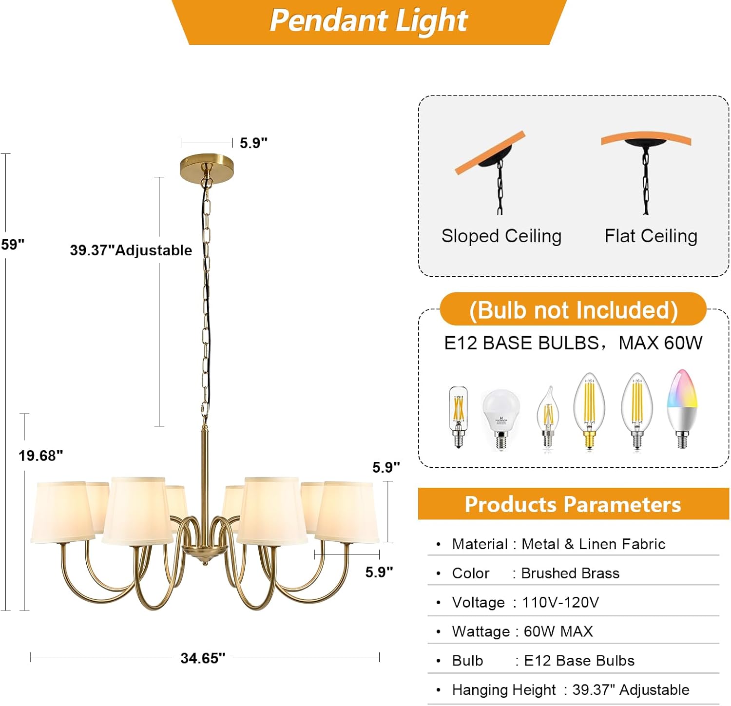Brass Chandelier 8-Light Gold Pendant Light with Fabric Shades 34.65" Adjustable Metal Candle Ceiling Light Fixture for Dining Room Living Room Foyer Bedroom