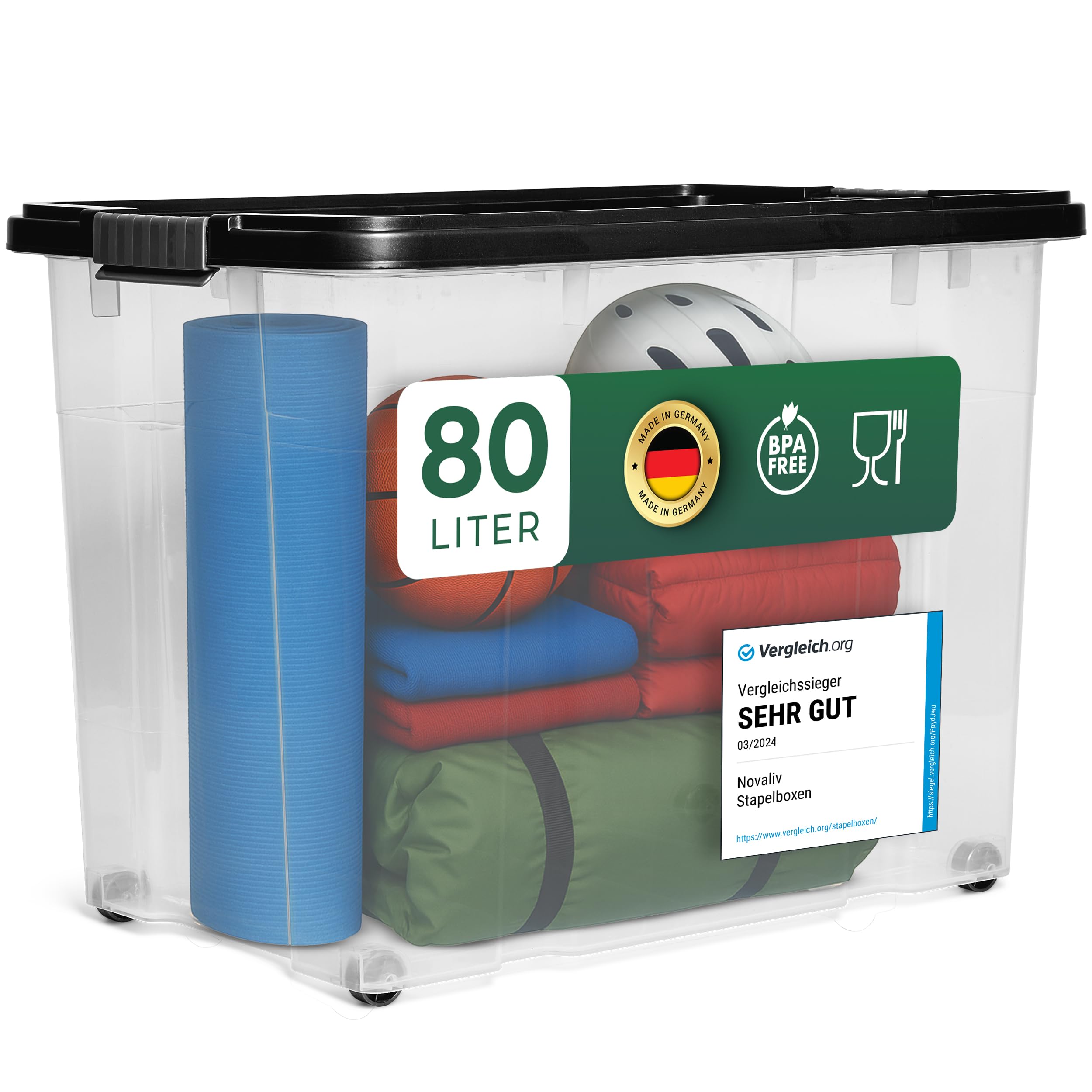 Novaliv Scatola portaoggetti XXL con coperchio, grande, 80 l, colore antracite, Nestbar, impilabile, con chiusura a clip, Eurobox con coperchio, senza BPA, 61 x 40 x 45 cm
