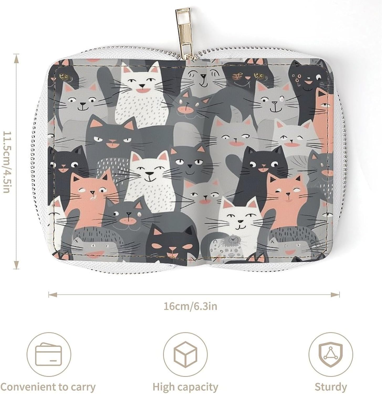 Leather Card Organizer Case Card Wallet Credit Card Holder Cute Funny Grey Cats Pattern Printed Zipper Card Cases Holder for Women Men