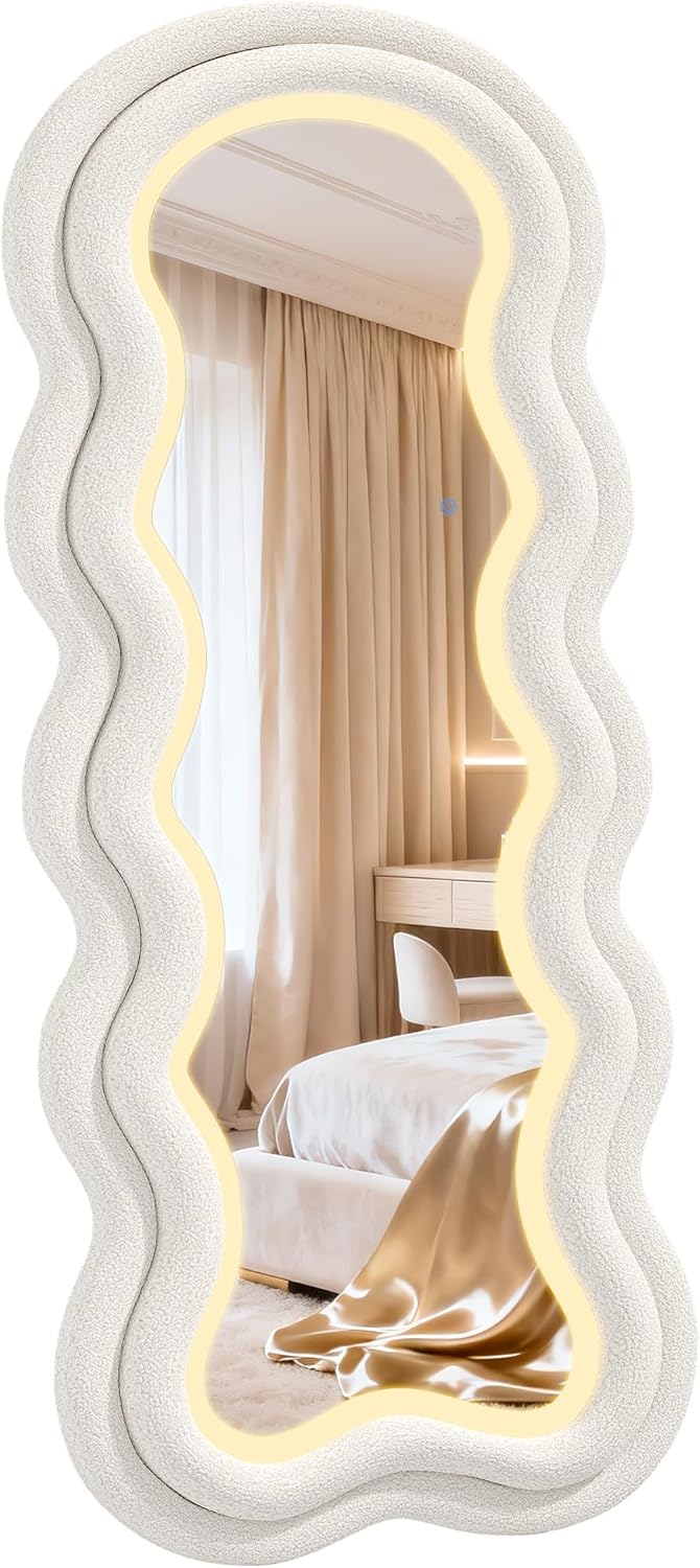 63"× 24" Wavy Full Length Mirror, Irregular Full Body Mirror with 3-Color Adjustable Light, Luxury Teddy-Velvet Frame Floor/Wall Mounted Mirror for Living Room/Bedroom/Dressing Room, White