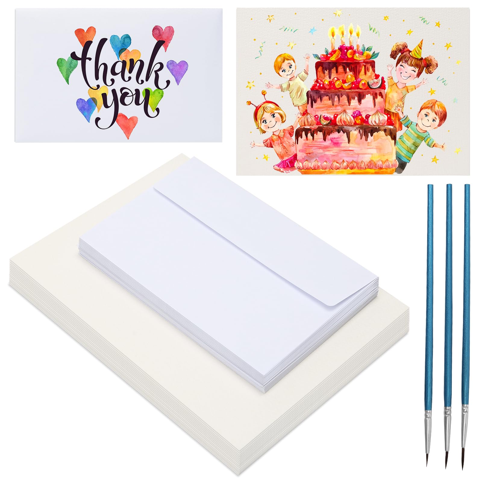 30 Sets Watercolour Paper with Envelopes, A5 Size 300 GSM Drawing Paper Bulk with 3 Brushes, Foldable Blank Watercolour Cards for Greeting Cards, Invitations, Postcards