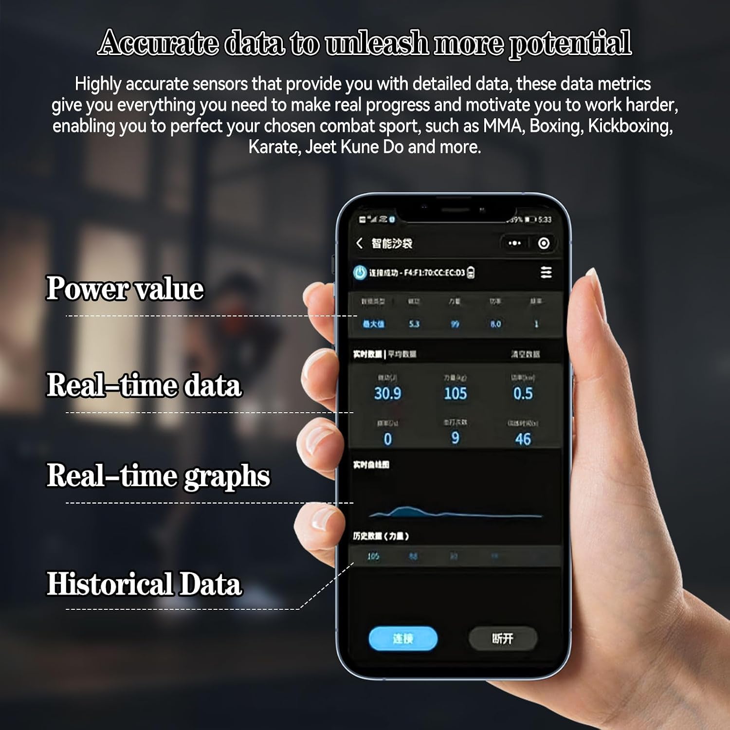 Monitor Intelligente della Forza per Sacco da Boxe, Misuratore di Potenza, Test di velocità, Dati E Curva in Tempo Reale, Durata della Batteria di 200 Ore, Avviso Vocale, White