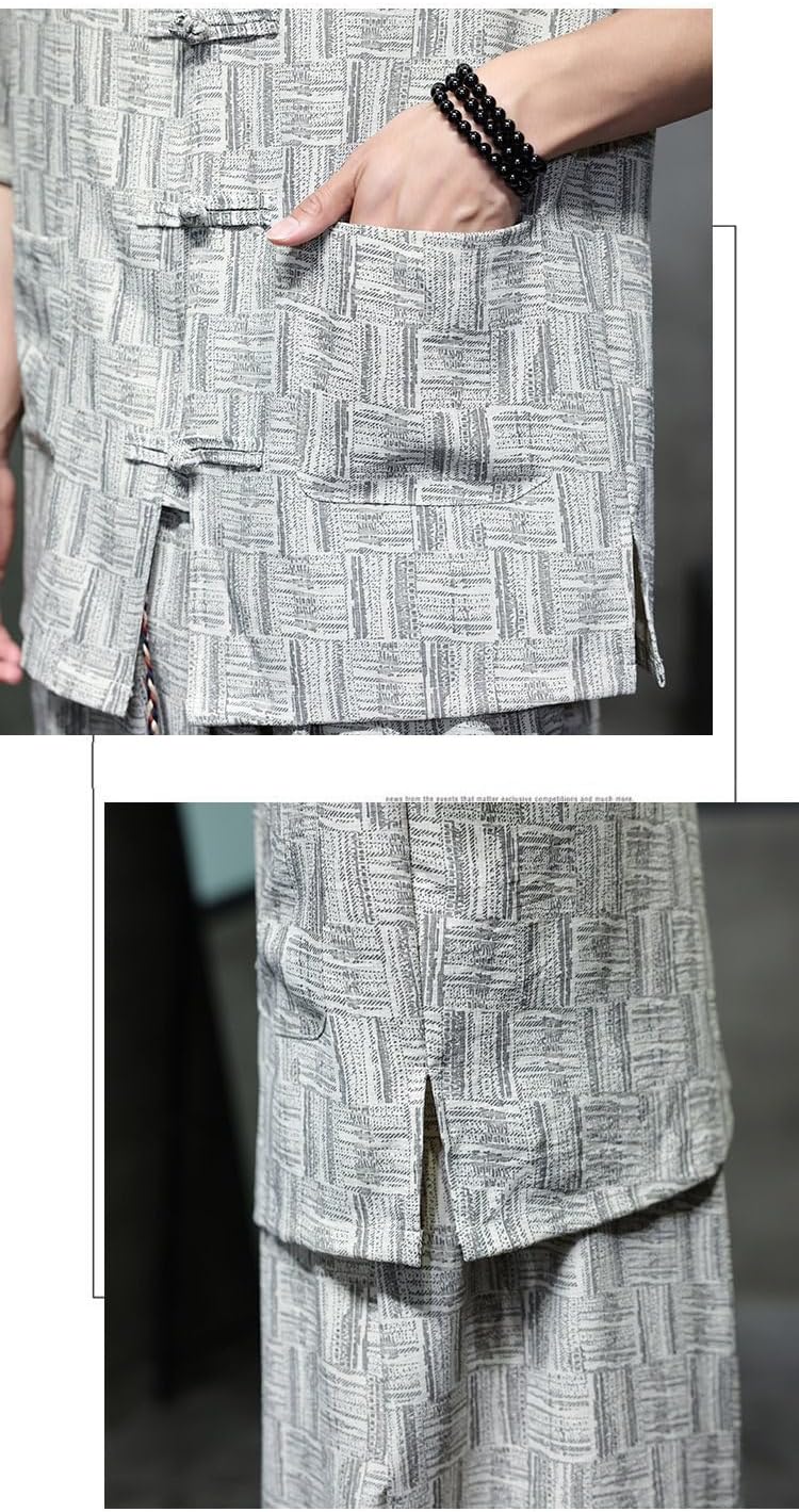 Men's Chinese Style Loose Ice Silk Lightweight Casual Tang Suit Short Sleeve Casual Pants 2 Piece