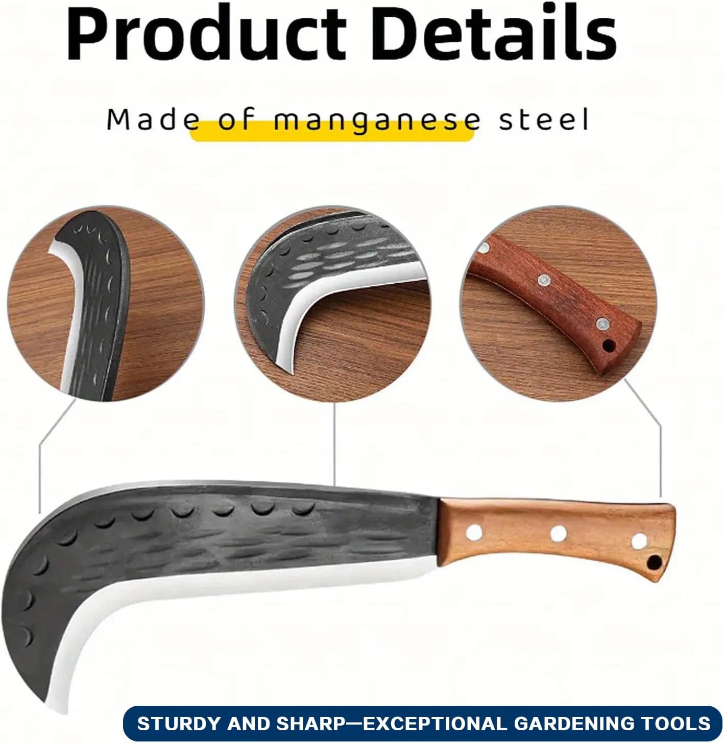 Garden Curved Knife, Manganese Steel Blade with Forged Texture, Ergonomic Wood Handle, for Weeding, Pruning Branches, Trail Blazing