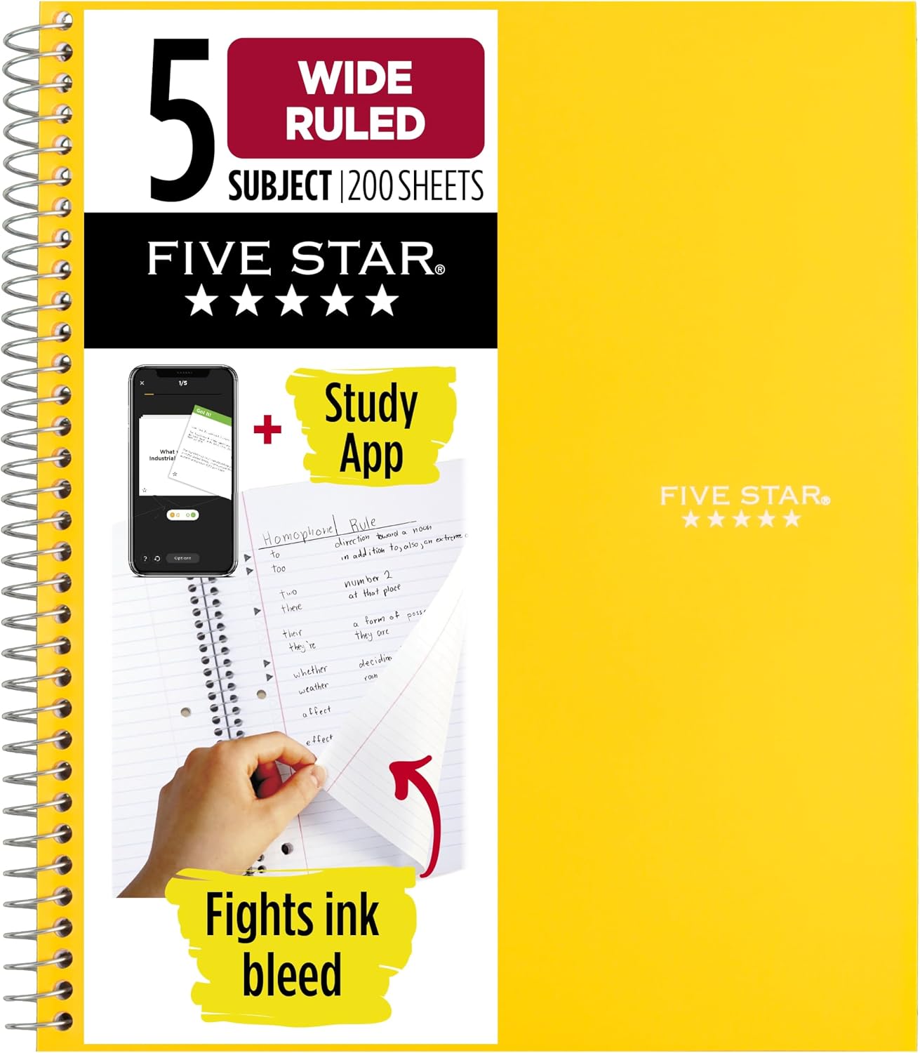 Five Star Spiral Defter, 5 Konu, Geniş Çizgili Kağıt, Mürekkep Kanamasıyla Mücadele, Suya Dayanıklı Kapak, 8" x 10-1/2", 200 Yaprak, Hasat Sarı (73469)