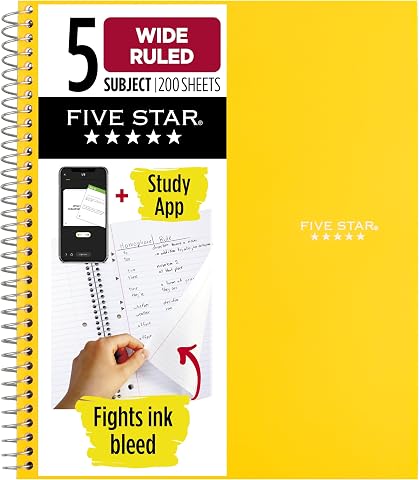 Five Star Spiral Defter, 5 Konu, Geniş Çizgili Kağıt, Mürekkep Kanamasıyla Mücadele, Suya Dayanıklı Kapak, 8" x 10-1/2", 200 Yaprak, Hasat Sarı (73469)