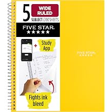 Five Star Spiral Notebook + Study App, 5 Subject, Wide Ruled Paper, 8" x 10-1/2", 200 Sheets, Fights Ink Bleed, Water Resistant Cover, Harvest Yellow 73469