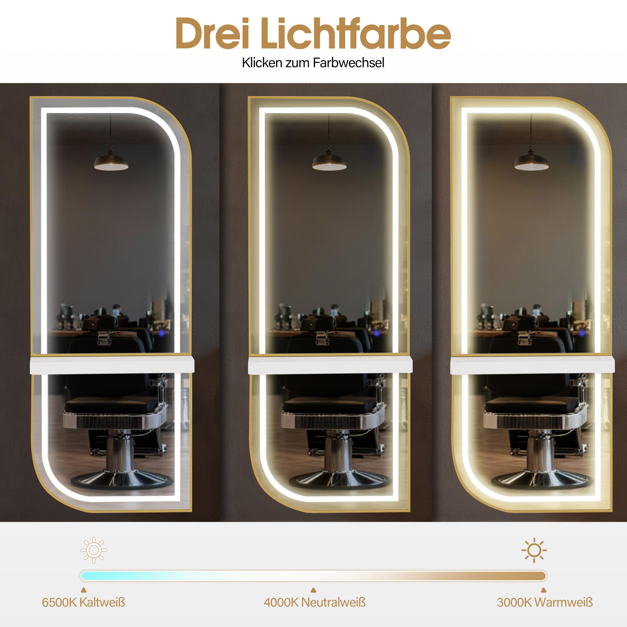 Barberpub Wandspiegel mit Beleuchtung, Ganzkörperspiegel mit Aluminiumrahmen, Großer Spiegel mit Ablage, Touch-Schalter, 3 Lichtfarben Dimmbar, für Friseursalon, J6298 (Weiß-Gold)