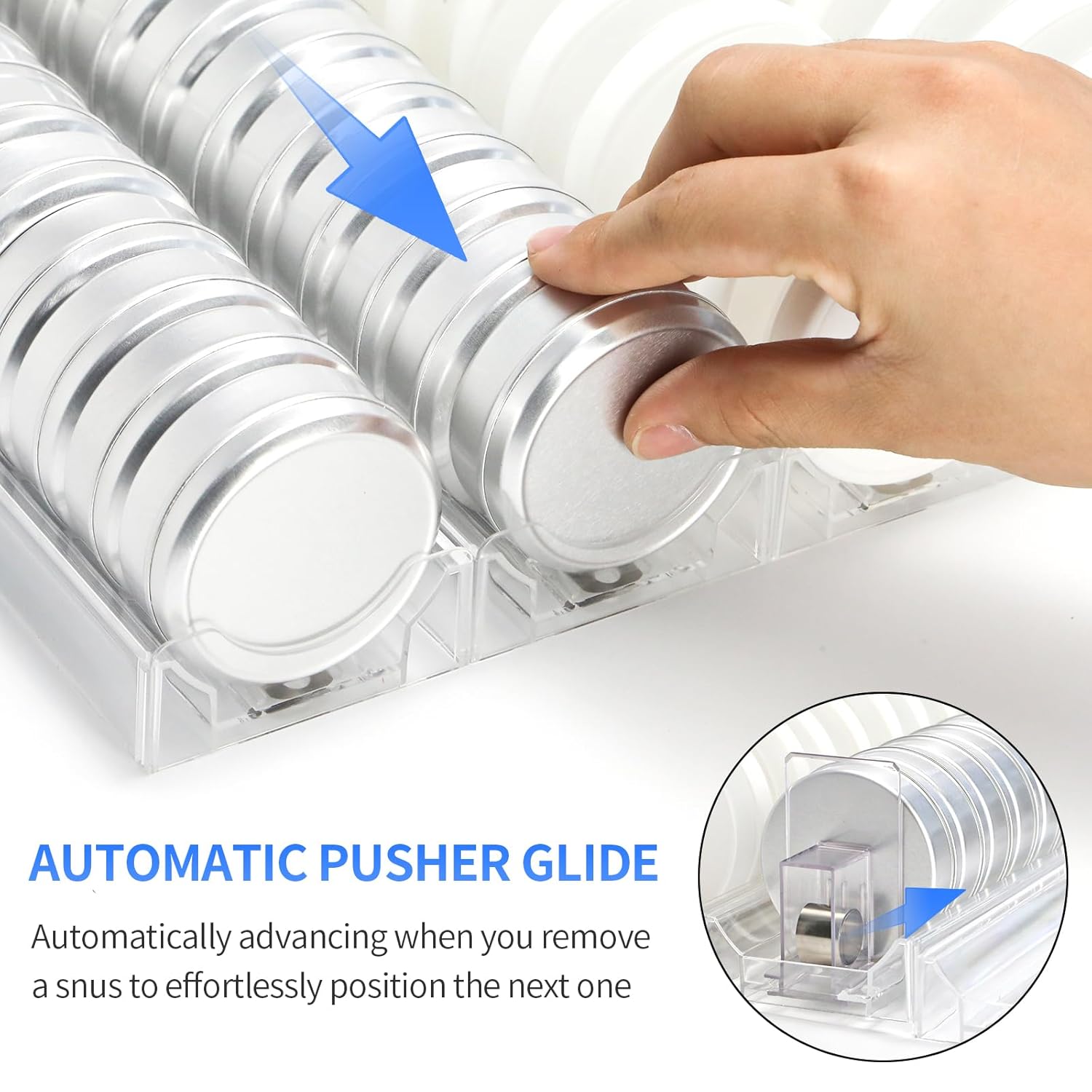 Snus Organizer for Stores，Snus Pusher ，Automatic Spring-Loaded Round-Jar Shelf Pusher，Circular Chewing Gum Display Holder（6 Pieces）