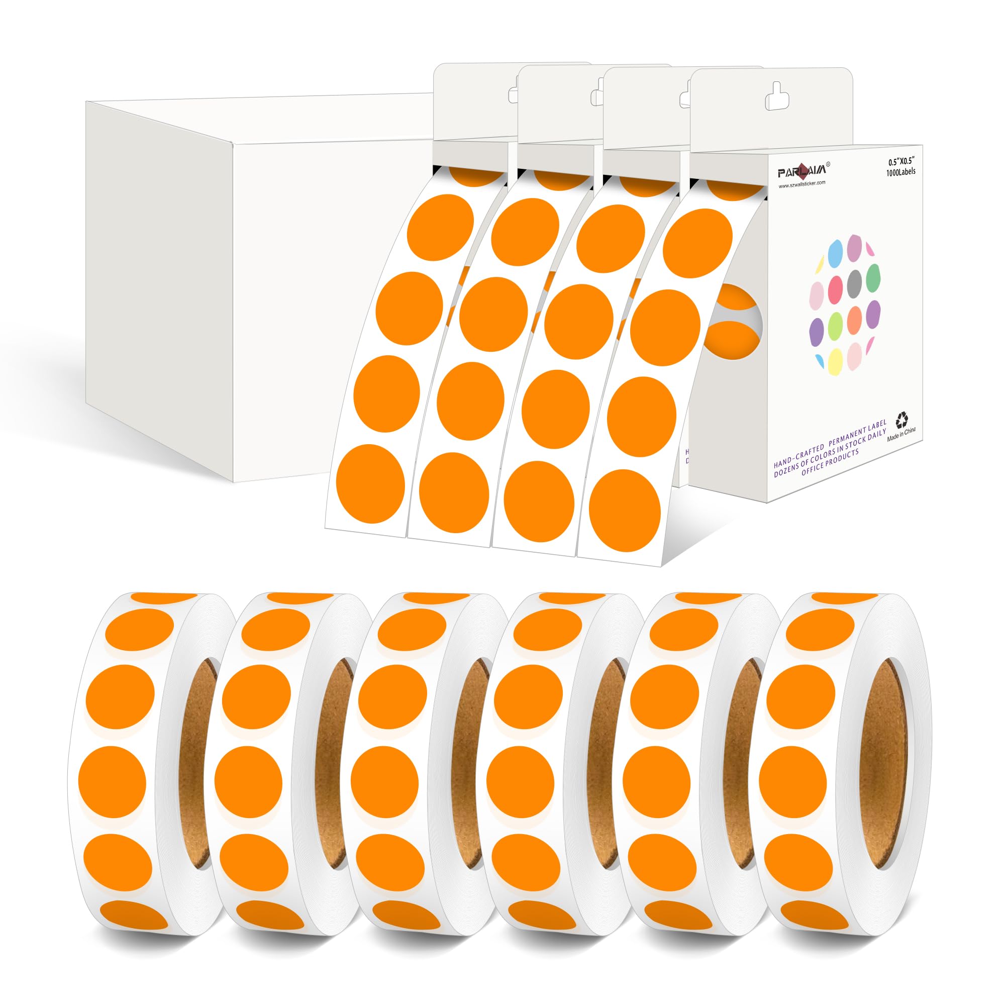 PARLAIM - 1/2 pollici di diametro, 10 rotoli da 10.000 pezzi, arancione, codificati a colori, autoadesivi, per ufficio, aula
