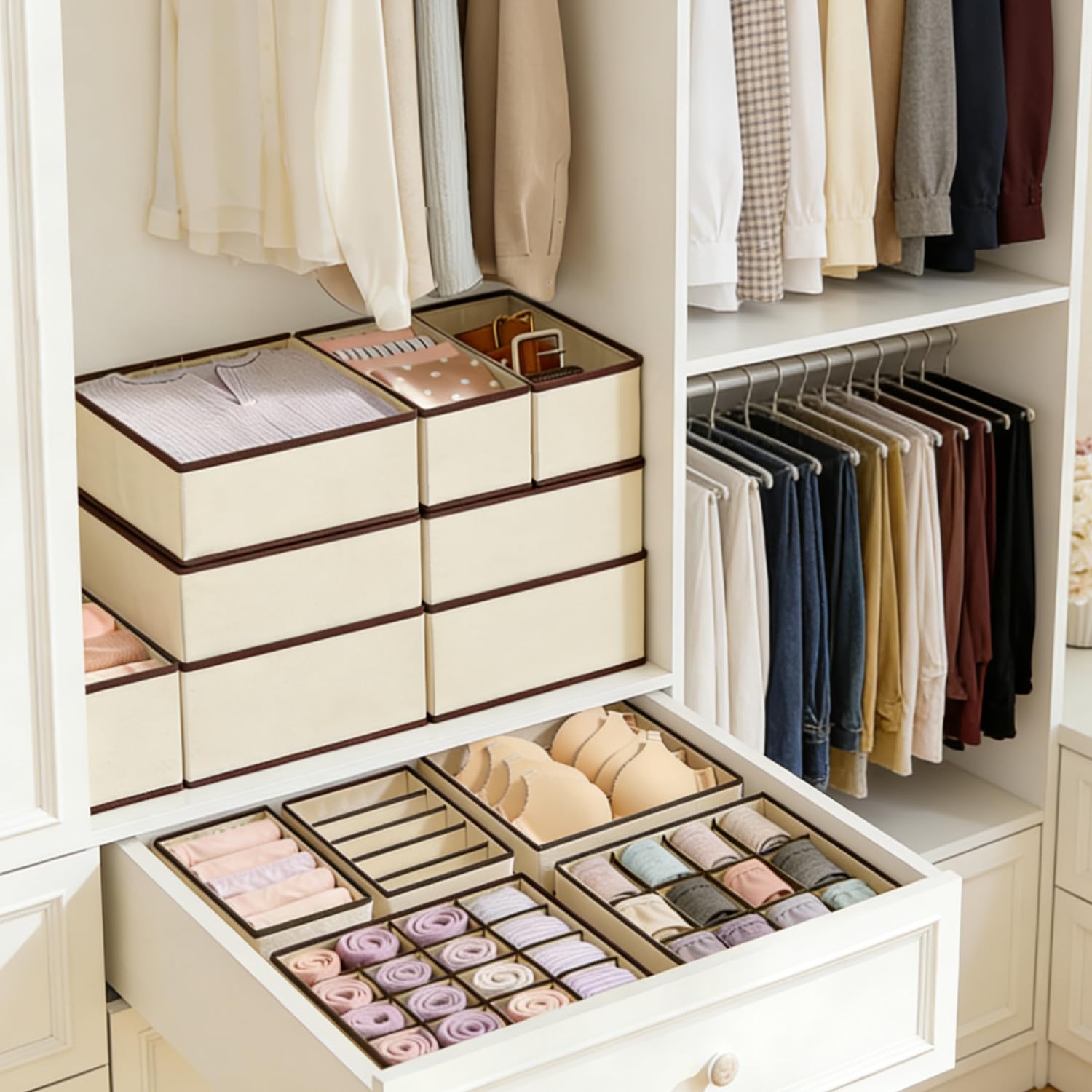 Evance 6pcs Organizer per Biancheria Intima, 6/7/8/24 Compartimenti, 58 Compartimenti In Totale, Organizzatore per Cassetti Armadio per Reggiseni,Mutande,Calzini,Cintura,Cravatta