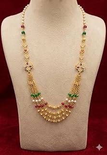 Gold-Toned Multi-Layer chain with Emerald Beads, Pearls and Floral CZ Motifs Price In India