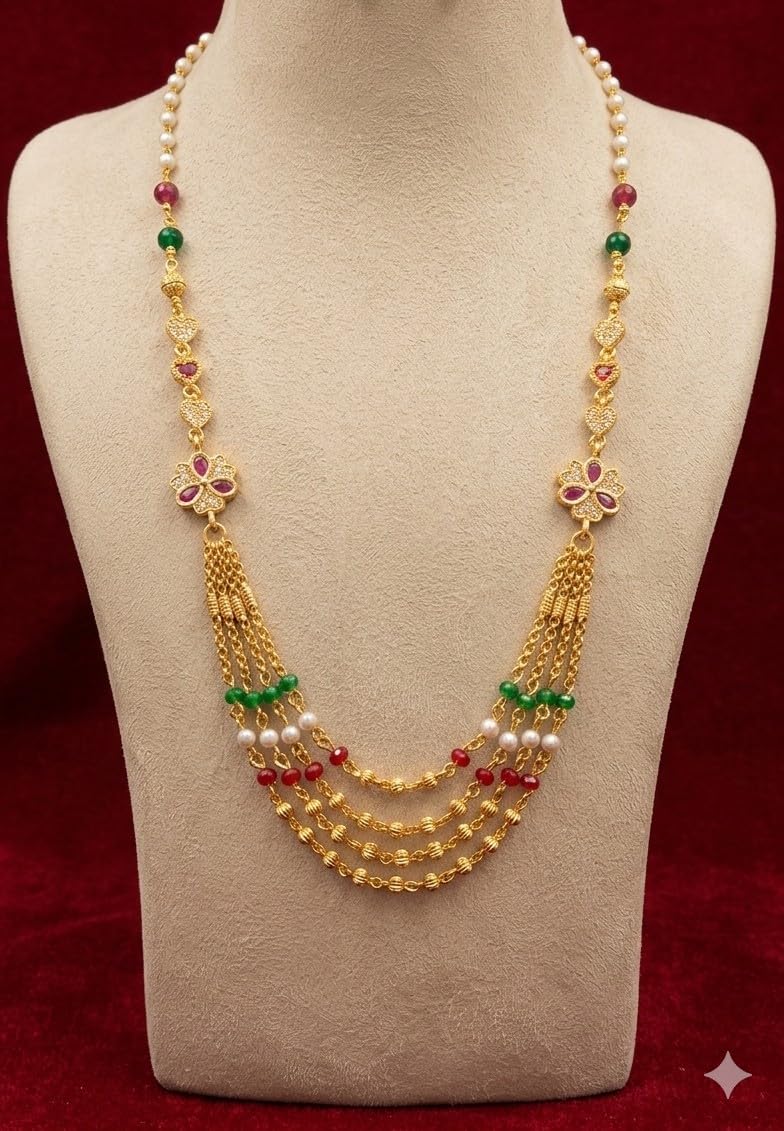 Gold-Toned Multi-Layer chain with Emerald Beads, Pearls and Floral CZ Motifs - Review, Price and Buying Guide