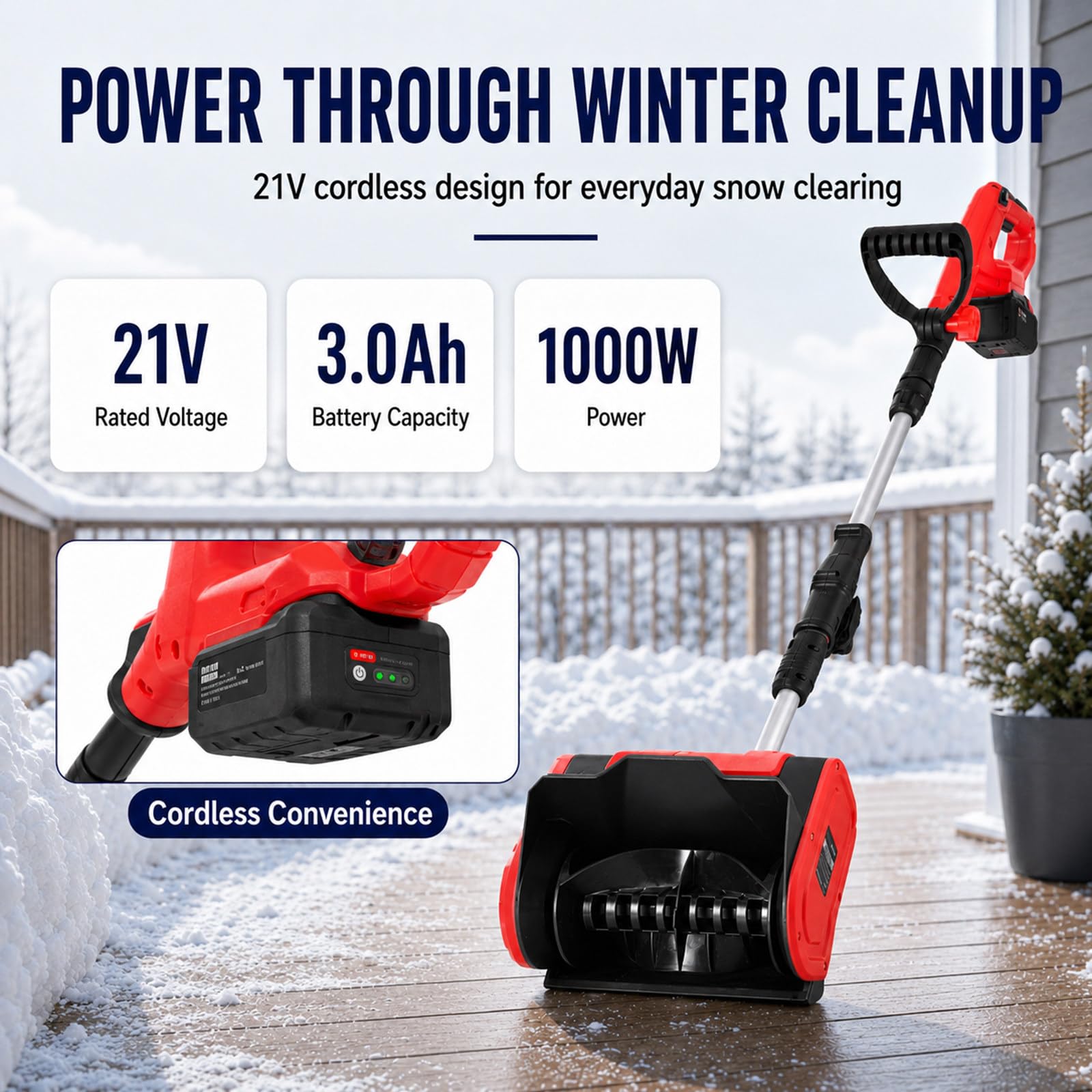 Pala da Neve elettrica 21 V con Batteria da 3,0 Ah, Motore da 1000 W, Larghezza 31 cm e Lancio Fino a 8 m per vialetti, marciapiedi, terrazze e ingressi di casa in Inverno