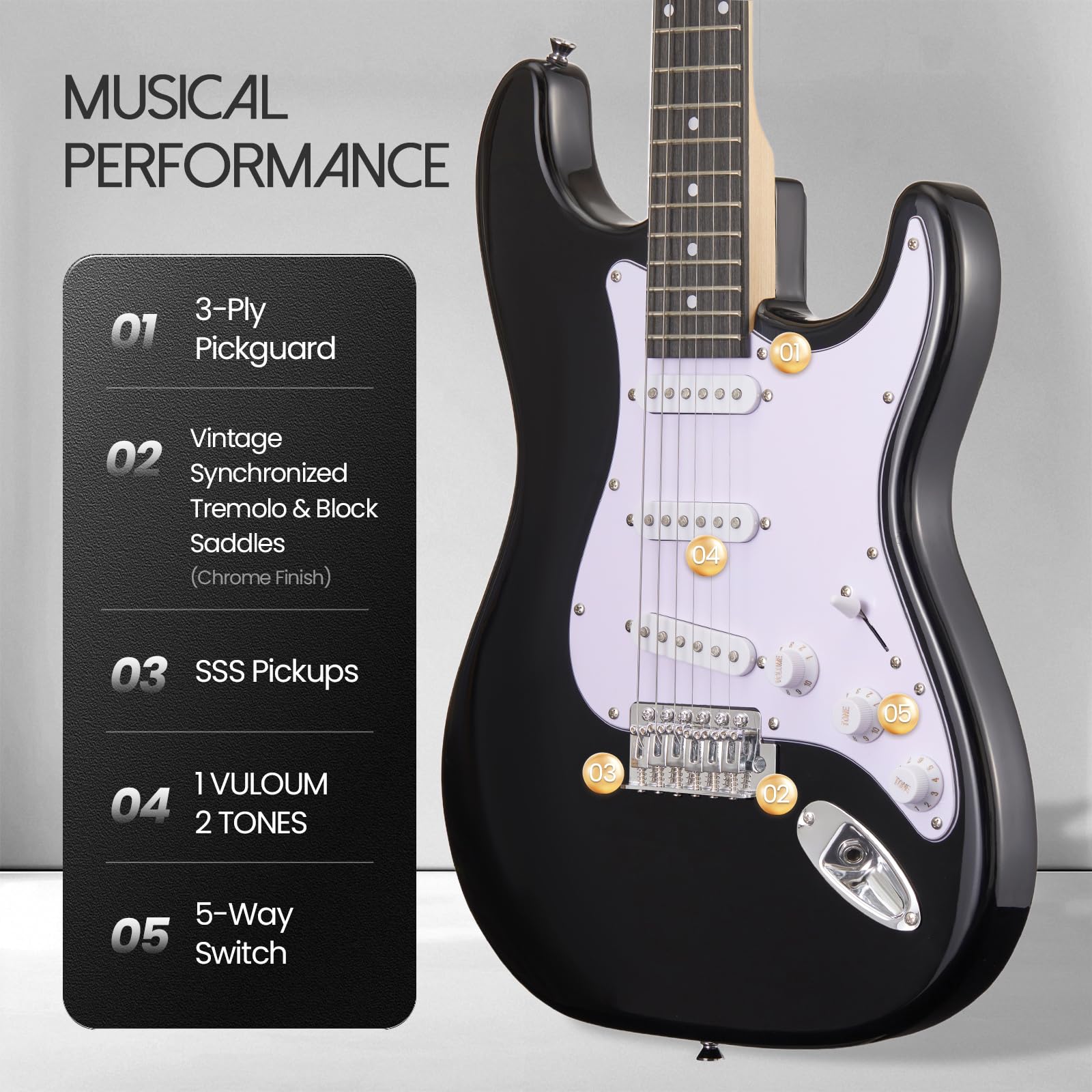 Starter kit per chitarra elettrica da 99 cm, serie ST, completo con chitarra elettrica, amplificatore, tracolla, plettro, accordatore, corde, cavo e custodia per chitarra, adatto per