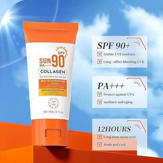 Collagen Sunscreen SPF 90 PA+++,Ultra High Protection Sunblock Against UVA/UVB,Factor 90 Sun Cream Face Moisturiser,Ultra Light UV Protetion Face Sunscreen,Sunscreen Fa/ce,Factor 90 Sun Cream