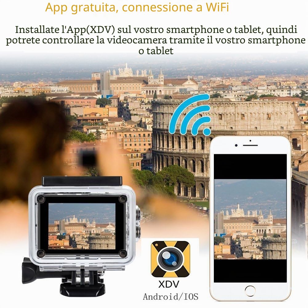 Action Cam 4K, WIFI Sport Action Camera Full HD 16MP/12MP, Fotocamera Subacquea 4k Impermeabile WebCamera 170°Grandangolare 2.0" Schermo LCD con Vari Accessori Kit, Nero
