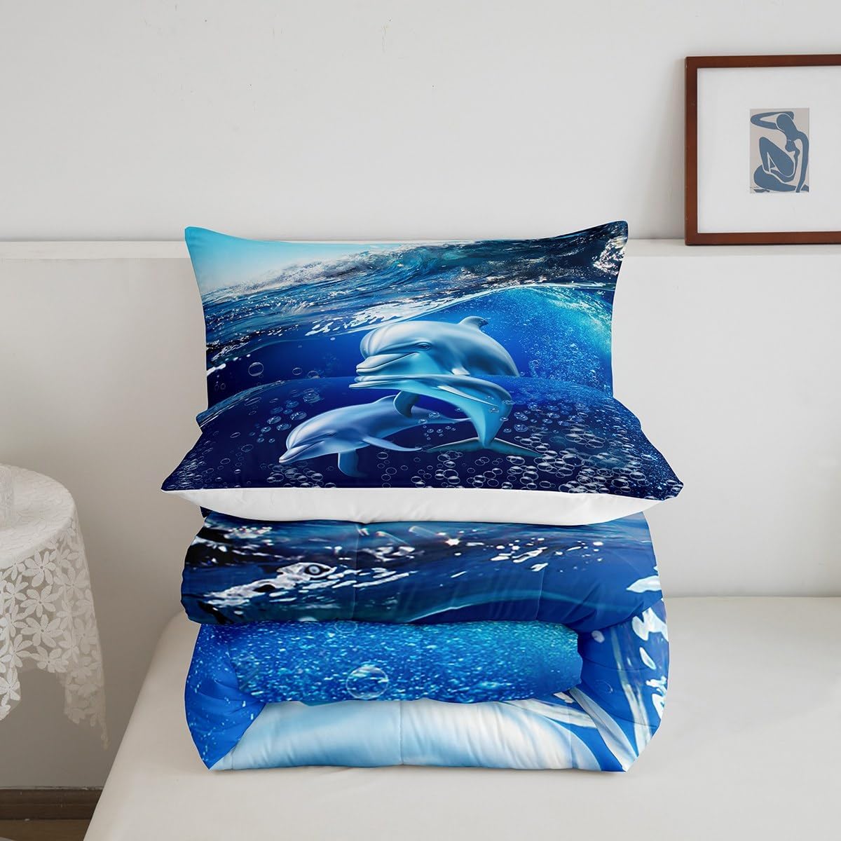 Castle Fairy Kids Lovely Dolphin Queen Size Comforter Set Happy Dolphins Mom and Son Ocean Animal Theme Bedding Gift for Boys Girls Room Blue Sea Wave Quilted Duvet with 2 Pillowcase,3 pcs