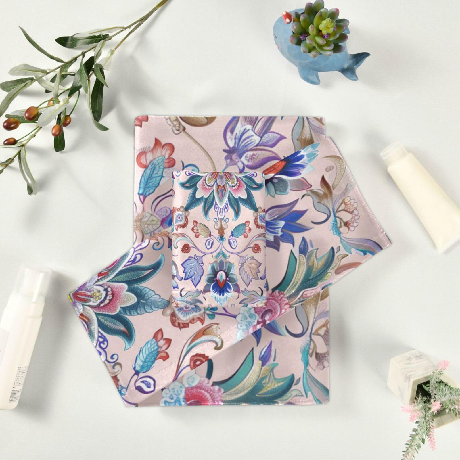 Set di 3 asciugamani morbidi per il viso con fiori di pesco blu, 1 asciugamano da bagno, 1 asciugamano per le mani, 1 panno per la casa, cucina e famiglia