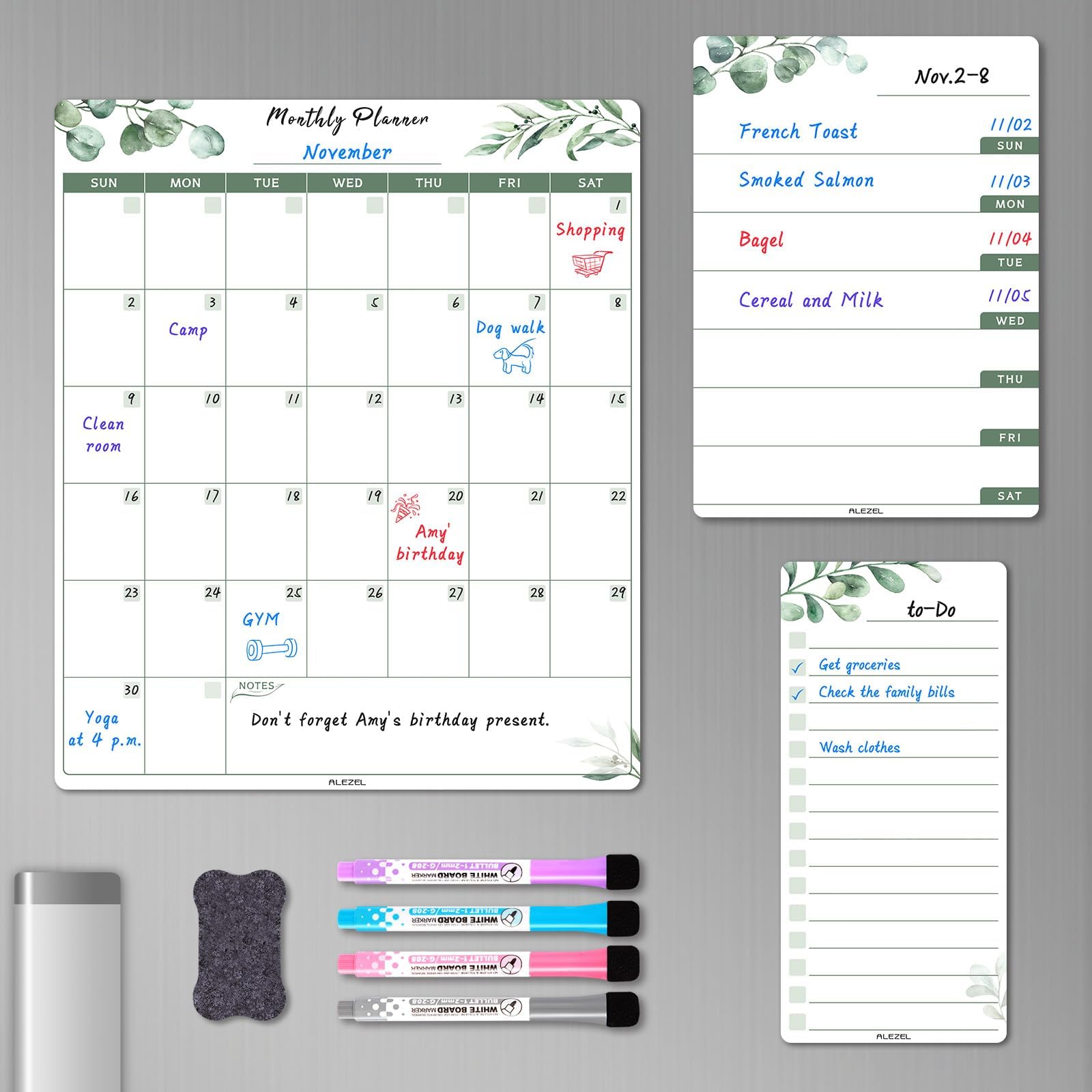 Dry Erase Fridge Calendar Magnetic, Greenery White Board Calendar Dry Erase for Refrigerator - Set of Vertical Monthly & Weekly Calendar for Fridge with 1 List Board, 4 Markers + Eraser