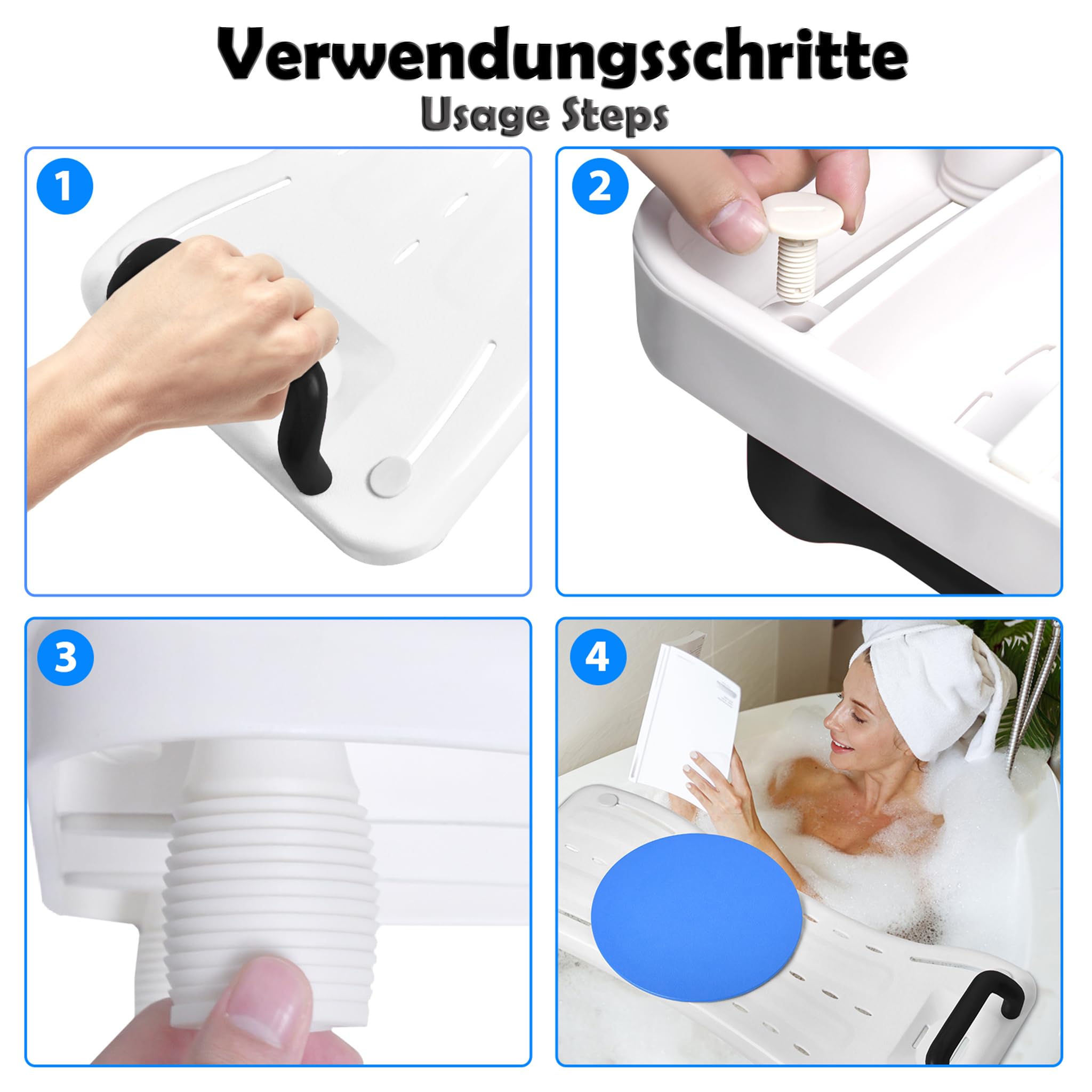 ACXIN Badewannenbrett Senioren mit Seifenablage und Schwarz Griff, Badewannensitz Sitzbrett für Badewanne, 41-63cm Einstellbar Duschbretter mit Drehscheibe, bis zu 150 kg Belastbarkeit