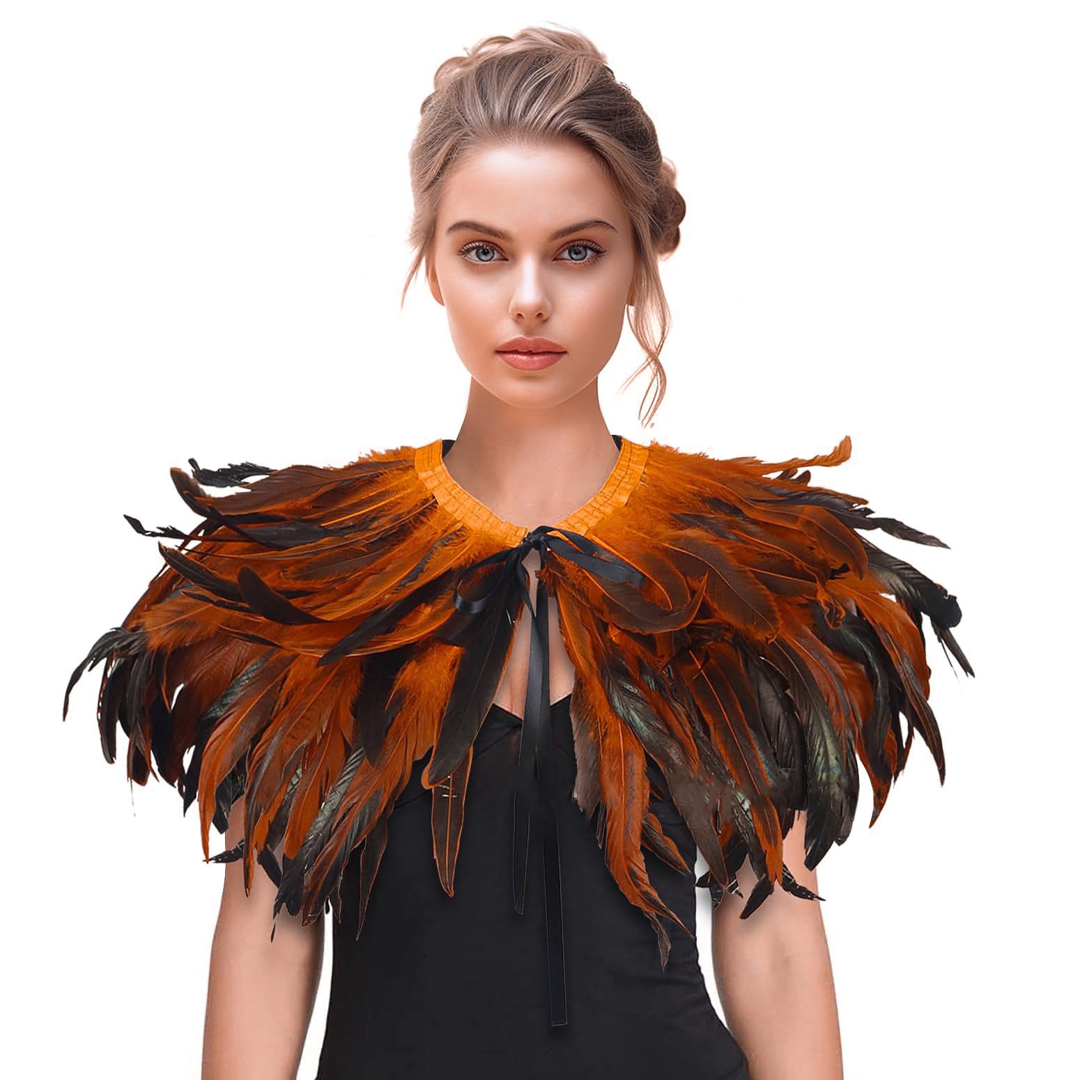 Womens Gothic Feather Shrug Shawl Halloween Crow Maleficent Costume Lace-up Collar Cloak Cape Fancy Dress Stole Scarf for Halloween Cosplay Christmas Party Dress Up Accessory — image 1