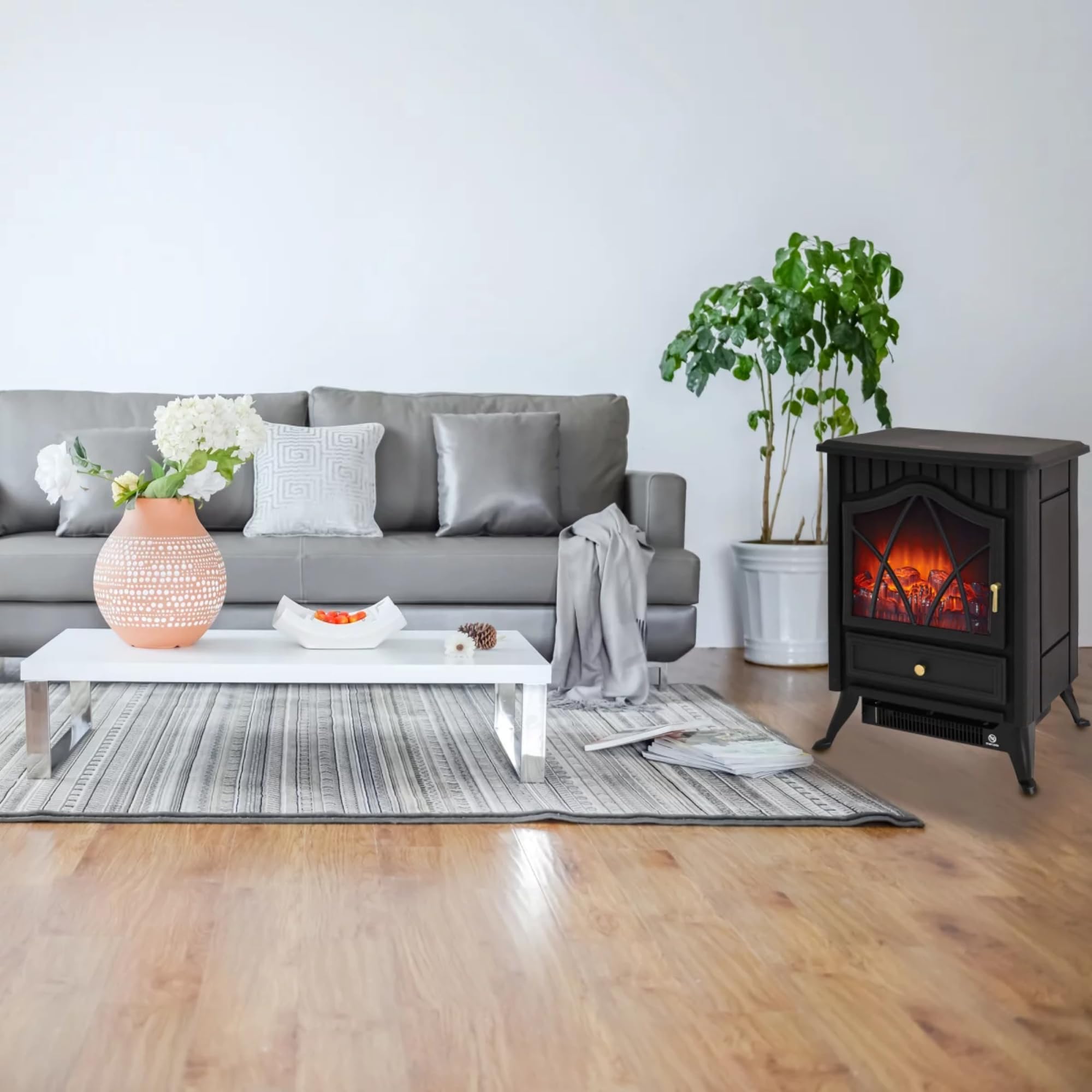 Syntrox Germany Elektrokamin Abordo Wärme ohne Ruß, Freistehender Elektrokamin, Wohnzimmer Dekoration, Heizung, Deko Kamin, Künstlicher Kamin, Flammeneffekt-Dimmer