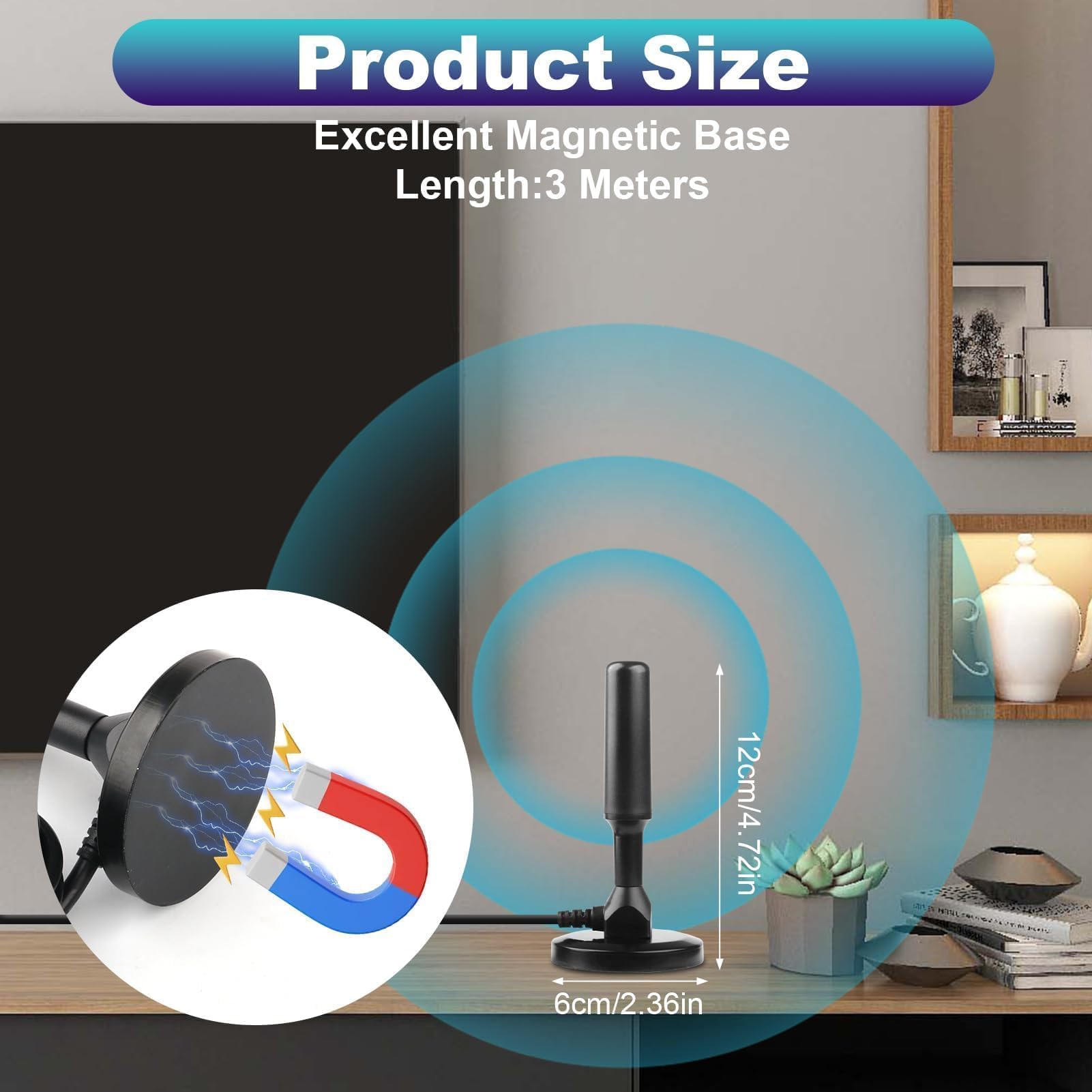 Antenne TV Intérieur Puissante TNT HD DVB-T/DVB-T2 Base Magnétique 3M Câble Coaxial Réception 360° 1080P 4K