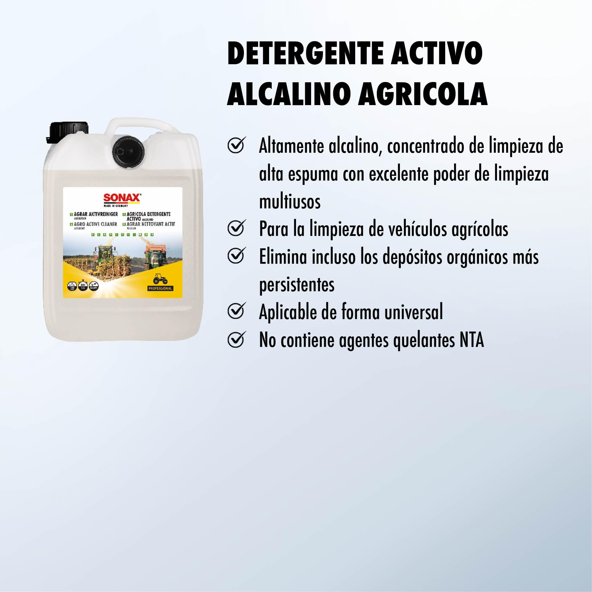 SONAX AGRAR Limpiador activo alcalino (5 litros) para la limpieza de vehículos, máquinas e instalaciones agrícolas | N.° 07265000