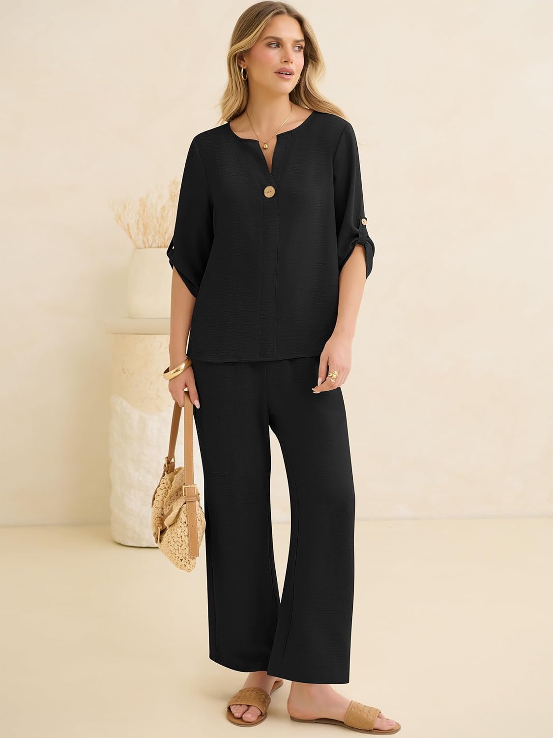 ANRABESS Womens Summer 2 Piece Lounge Sets 3/4 Sleeve V Neck Top Wide Leg Palazzo Pants Set 2026 Beach Travel Outfits - Image 6